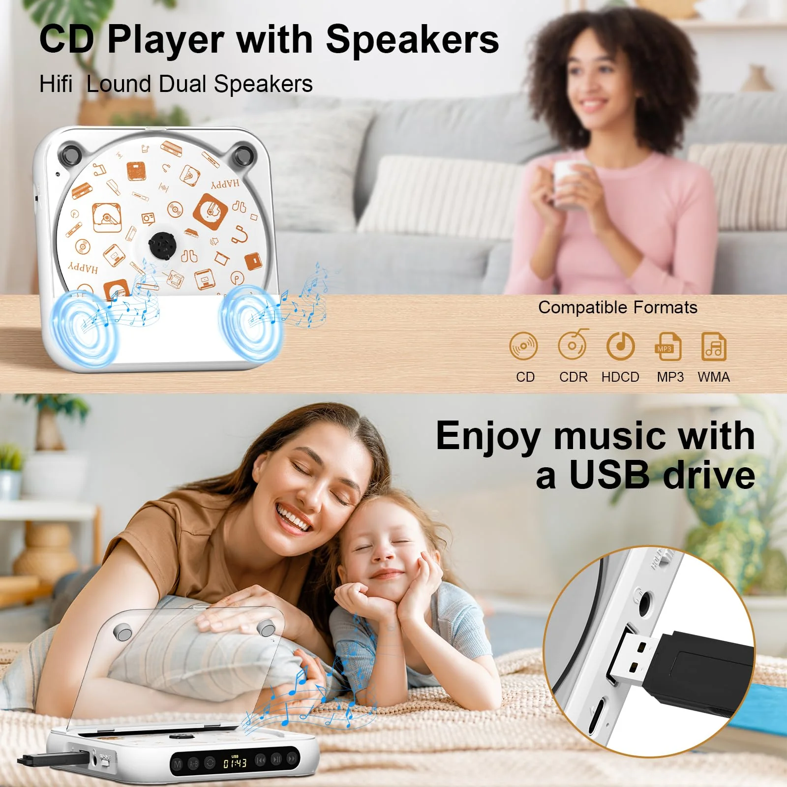 Portable CD Player, Personal CD Player with Bluetooth for Home, Rechargeable Small CD Player with Headphones,Built-in HiFi Speakers, Support CD/AUX/USB, Anti-Skip/Shockproof - Image 5