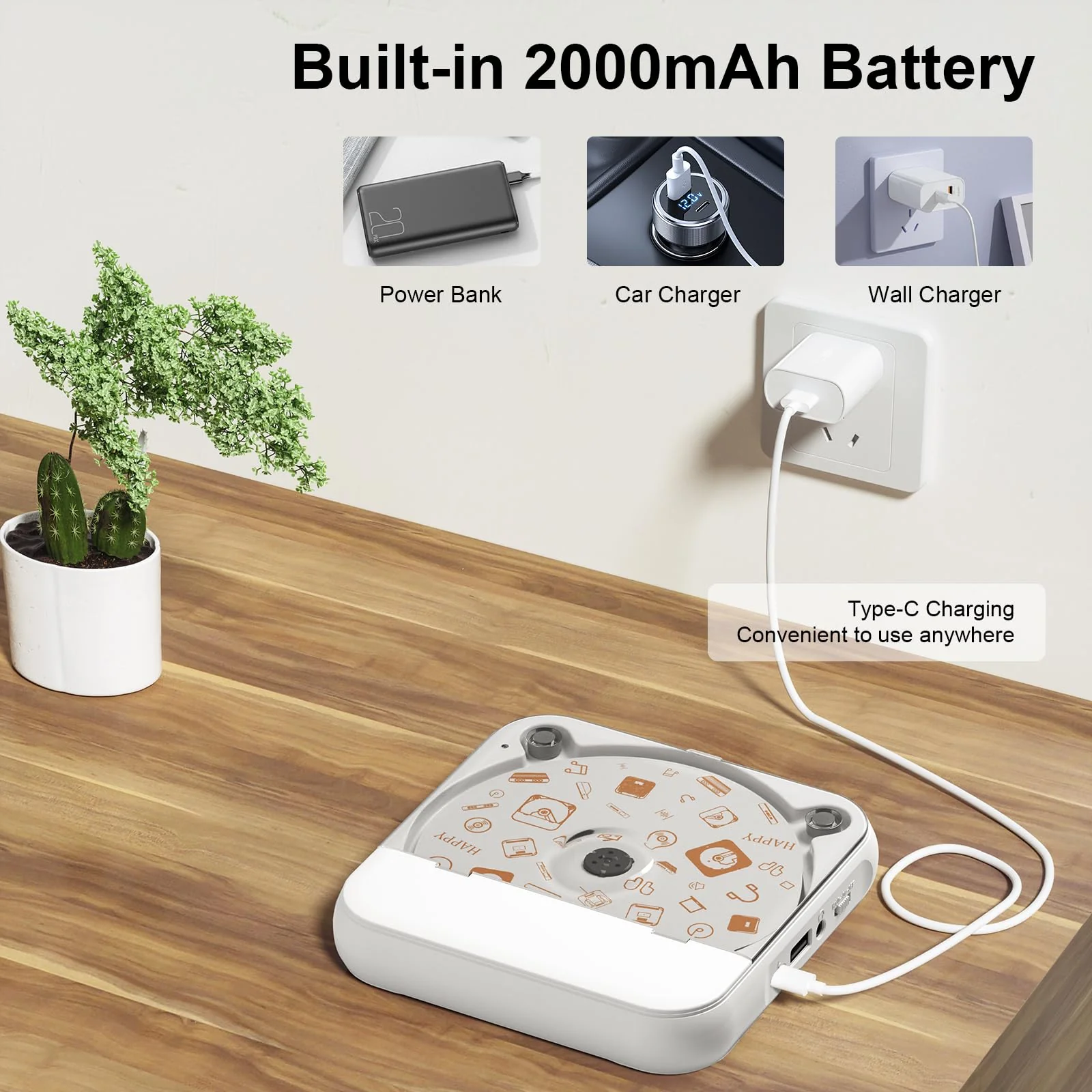 Portable CD Player, Personal CD Player with Bluetooth for Home, Rechargeable Small CD Player with Headphones,Built-in HiFi Speakers, Support CD/AUX/USB, Anti-Skip/Shockproof - Image 6