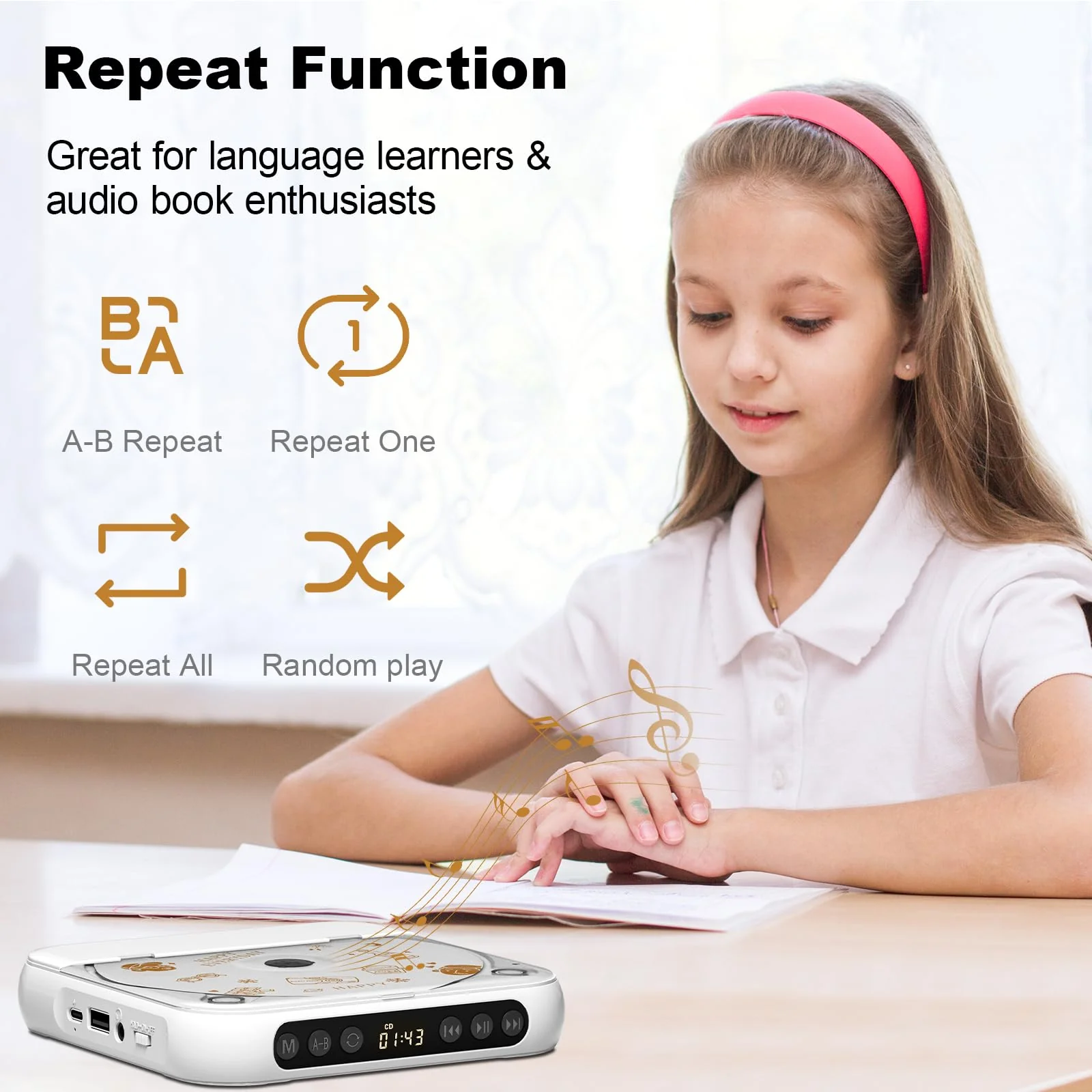 Portable CD Player, Personal CD Player with Bluetooth for Home, Rechargeable Small CD Player with Headphones,Built-in HiFi Speakers, Support CD/AUX/USB, Anti-Skip/Shockproof - Image 7