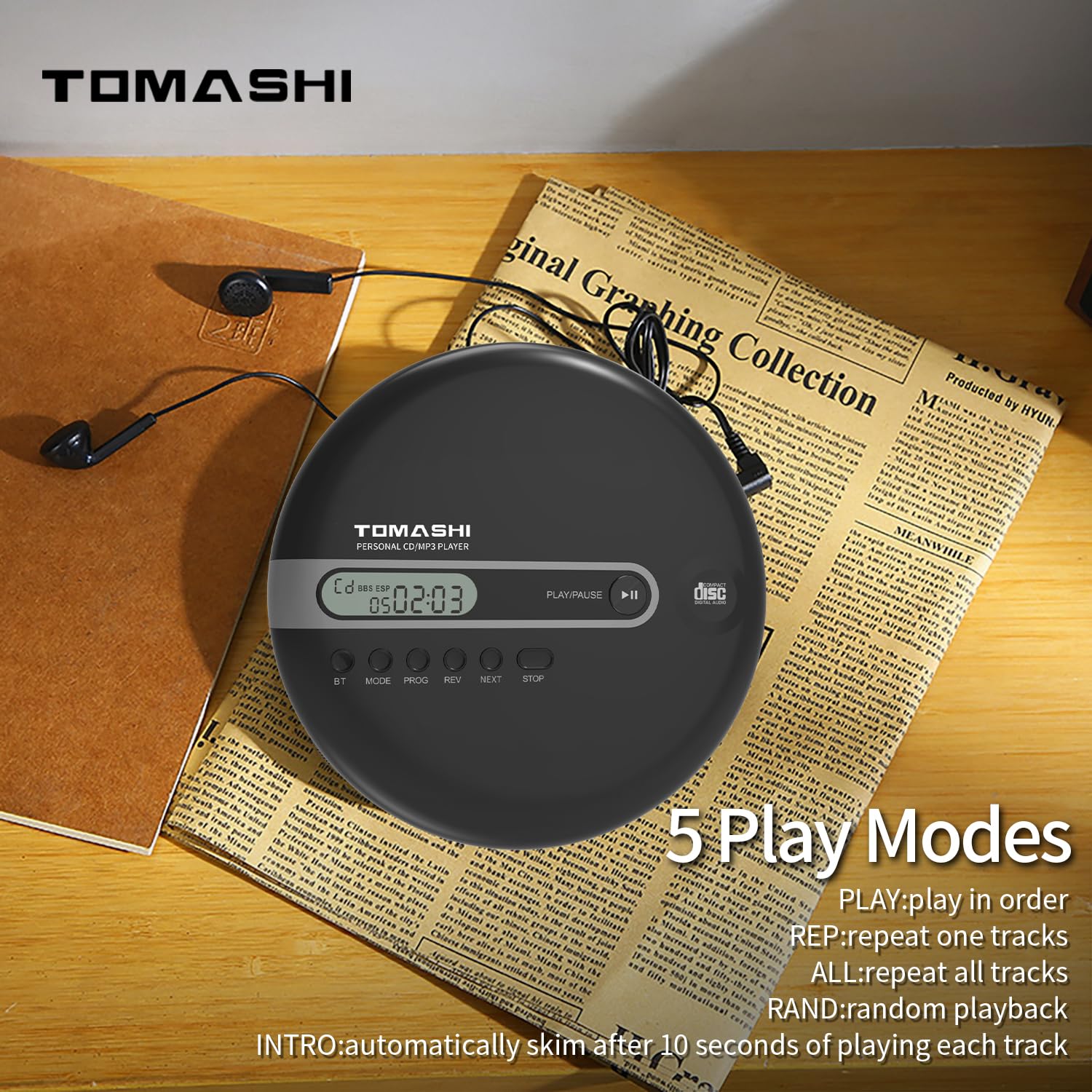 Portable CD Player with Bluetooth, CD Player with Headphones, ESP 40 Seconds for Home Travel, Stereo CD Walkman with LCD Display for Adults Students Kids - Image 2