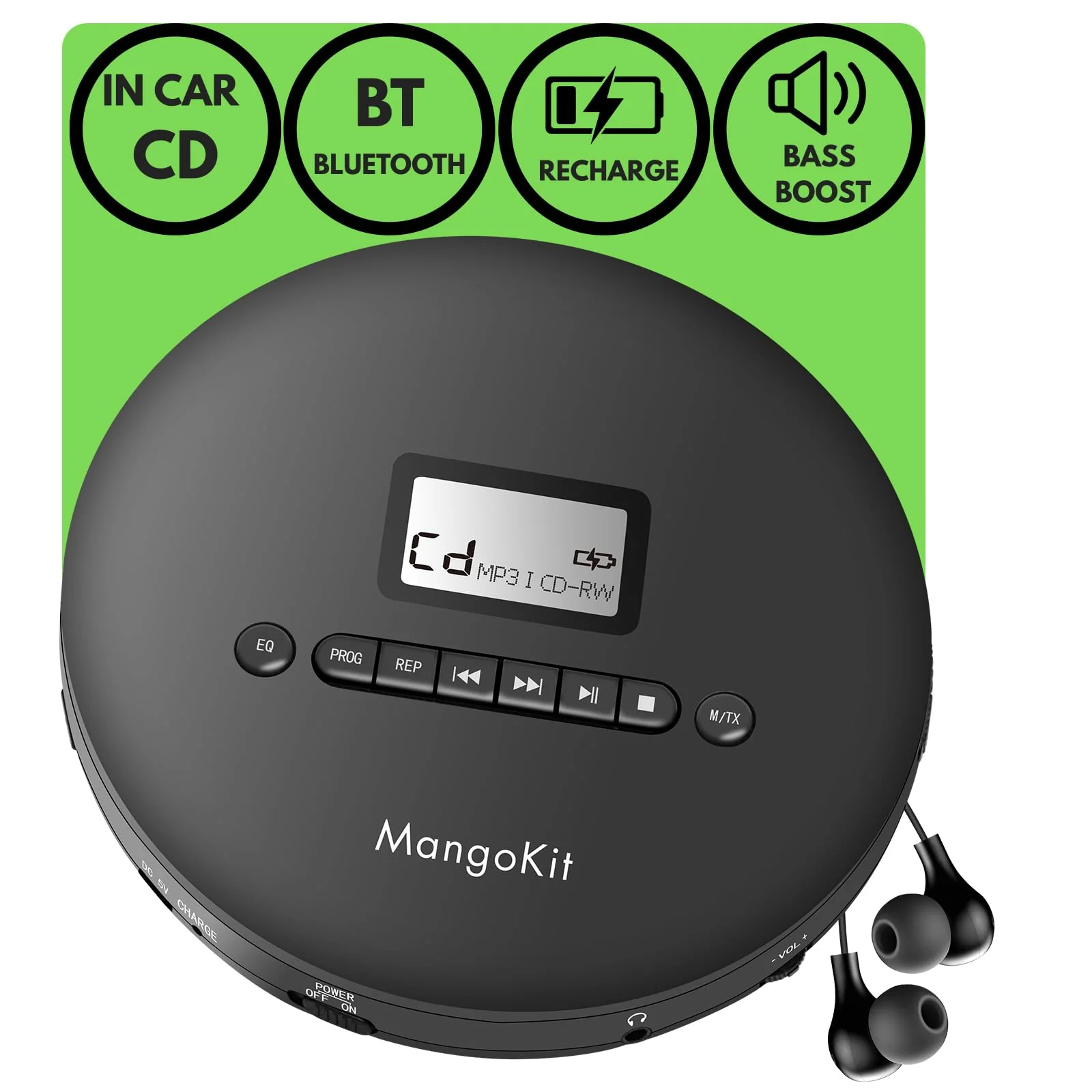 Portable CD Player with Bluetooth, MP3 Playback, Headphones – Personal CD Player with Anti-Skip, Rechargeable Battery – Compact Disc Player for Travel, Home, Language Learning - Image 2