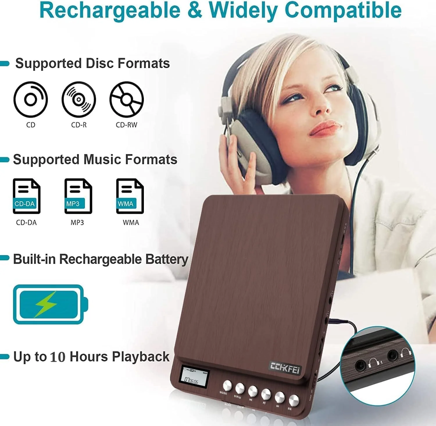 Portable CD Player with Built-in Speakers 2000mAh Rechargeable Walkman CD Player Portable Double 3.5mm Stereo Headphones Jack, Anti-Skip Compact Discman Music Player for Kids Car CD Player 606 Brown - Image 2