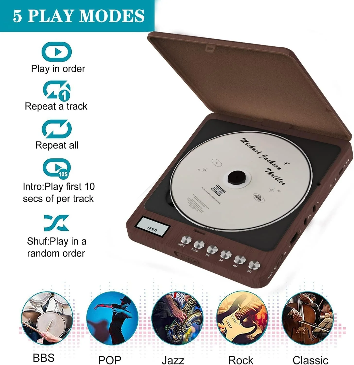 Portable CD Player with Built-in Speakers 2000mAh Rechargeable Walkman CD Player Portable Double 3.5mm Stereo Headphones Jack, Anti-Skip Compact Discman Music Player for Kids Car CD Player 606 Brown - Image 3