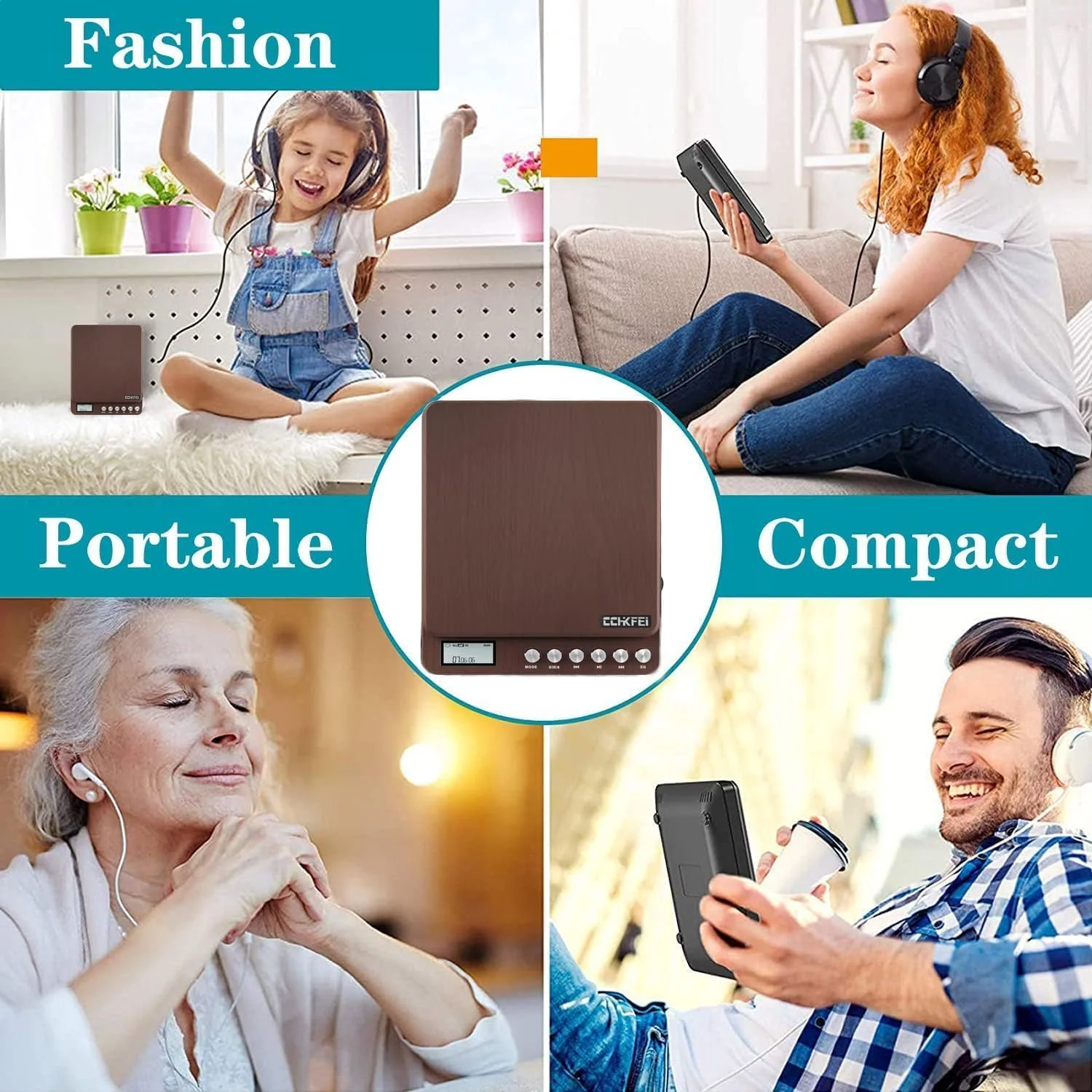 Portable CD Player with Built-in Speakers 2000mAh Rechargeable Walkman CD Player Portable Double 3.5mm Stereo Headphones Jack, Anti-Skip Compact Discman Music Player for Kids Car CD Player 606 Brown - Image 4