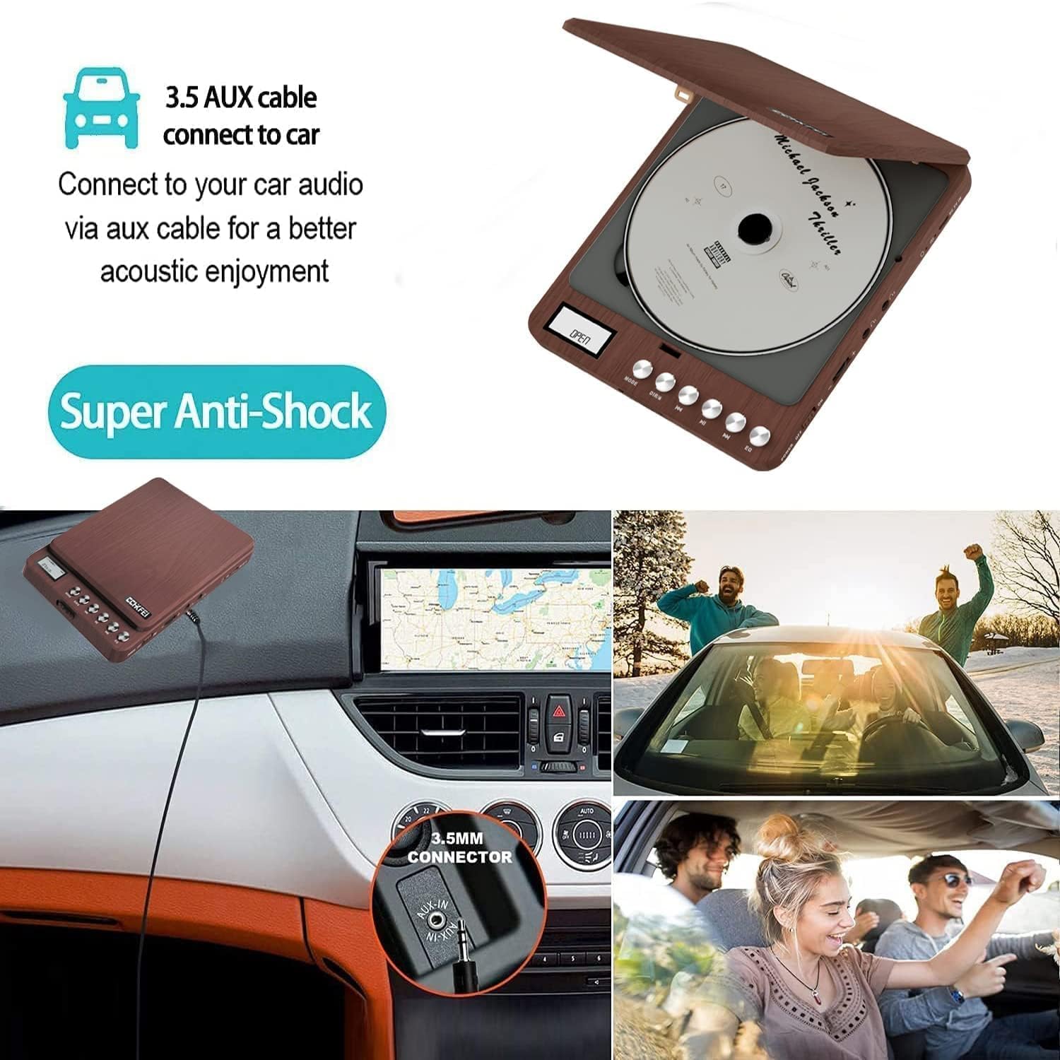Portable CD Player with Built-in Speakers 2000mAh Rechargeable Walkman CD Player Portable Double 3.5mm Stereo Headphones Jack, Anti-Skip Compact Discman Music Player for Kids Car CD Player 606 Brown - Image 5
