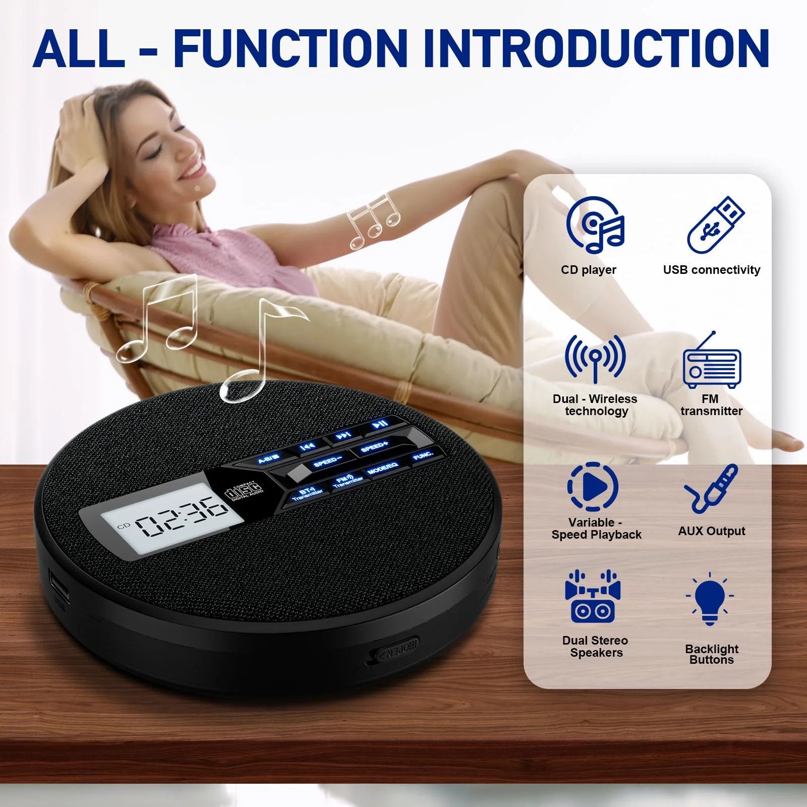 Portable CD Player with Dual Bluetooth, Discman for Car with FM Transmitter, Rechargeable, Dual Speakers and Anti Skip,USB,AUX,LCD Display,Backlit Button,Repeat,10 Speeds Black - Image 2