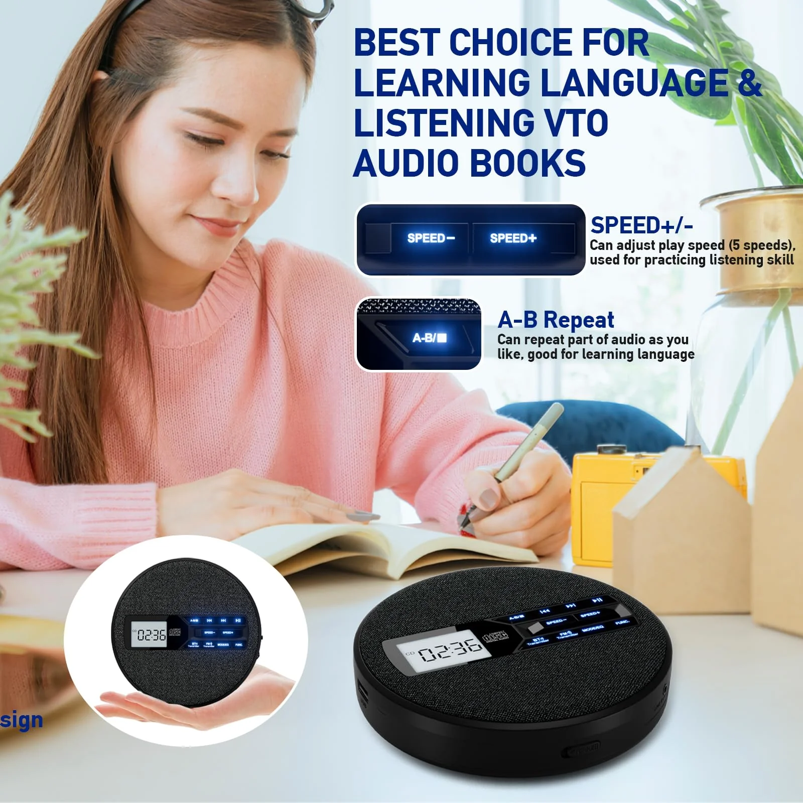 Portable CD Player with Dual Bluetooth, Discman for Car with FM Transmitter, Rechargeable, Dual Speakers and Anti Skip,USB,AUX,LCD Display,Backlit Button,Repeat,10 Speeds Black - Image 6