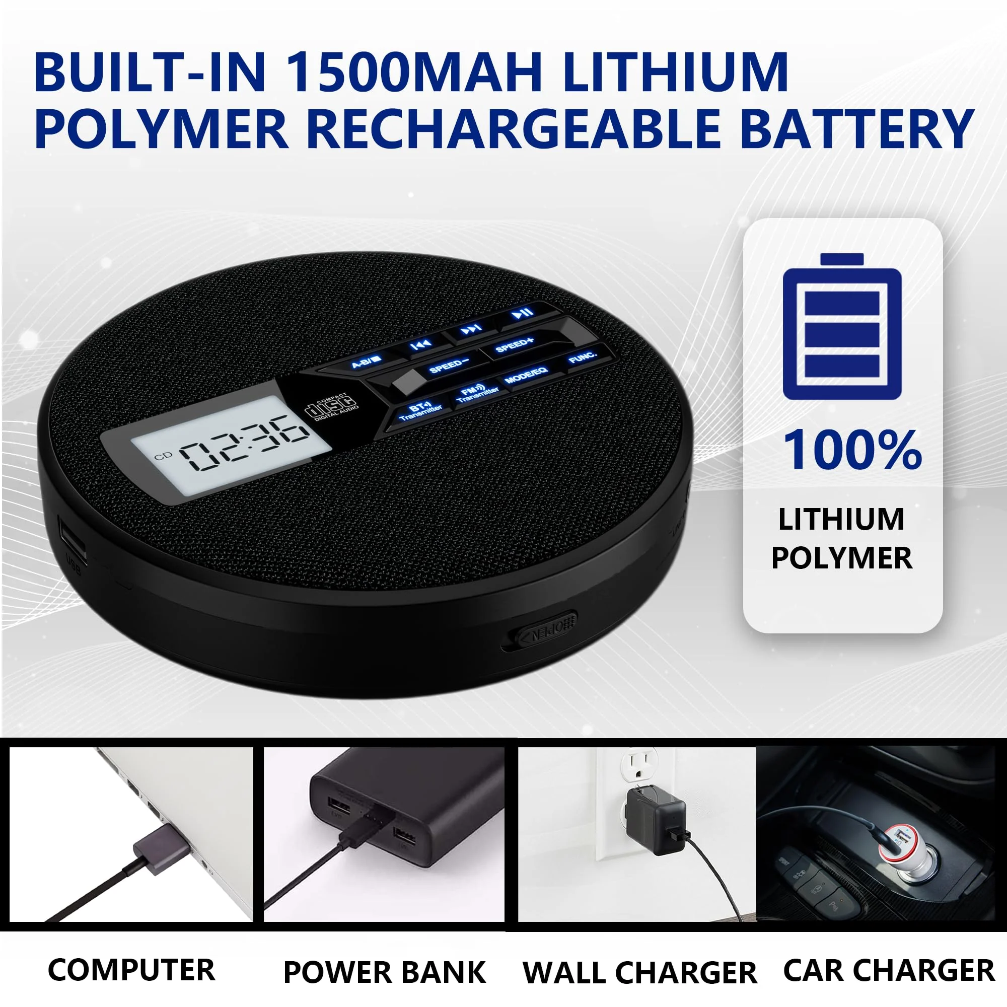 Portable CD Player with Dual Bluetooth, Discman for Car with FM Transmitter, Rechargeable, Dual Speakers and Anti Skip,USB,AUX,LCD Display,Backlit Button,Repeat,10 Speeds Black - Image 7