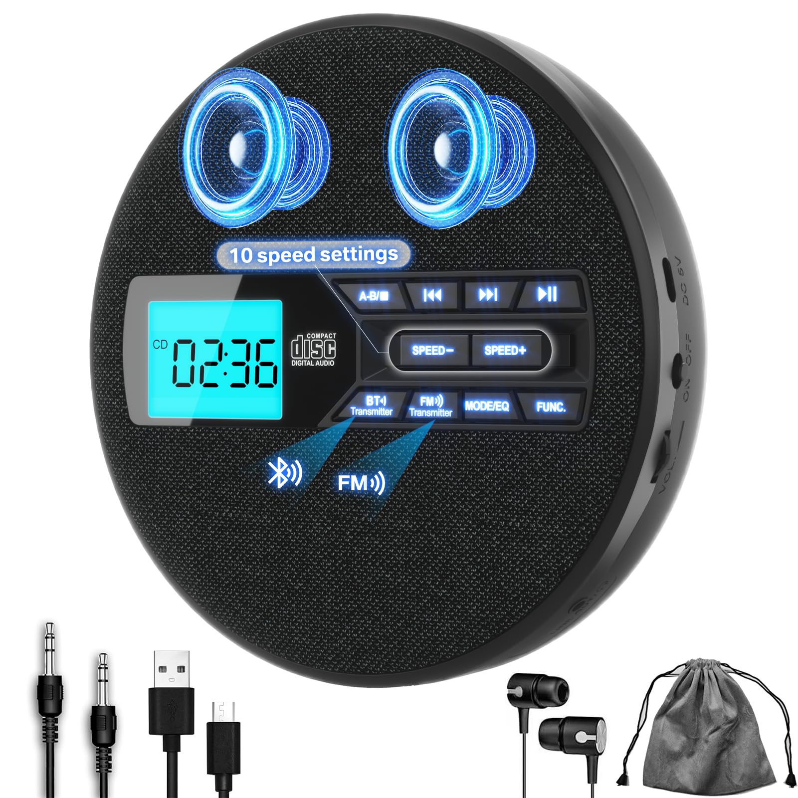 Portable CD Player with Dual Bluetooth, Discman for Car with FM Transmitter, Rechargeable, Dual Speakers and Anti Skip,USB,AUX,LCD Display,Backlit Button,Repeat,10 Speeds Black - Image 9