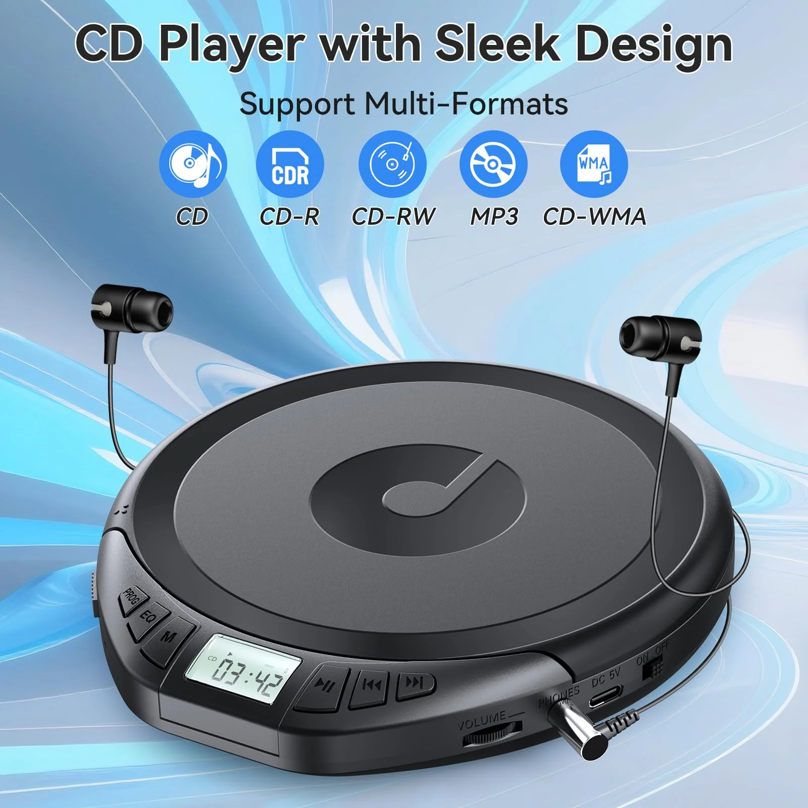 Portable CD Player with Headphones KOVCDVI CD Player Portable for Car with Anti-Skip & Shockproof,CD Discman with LCD Display,AUX Cable and Earphone for Sport Home Outdoor Black - Image 2