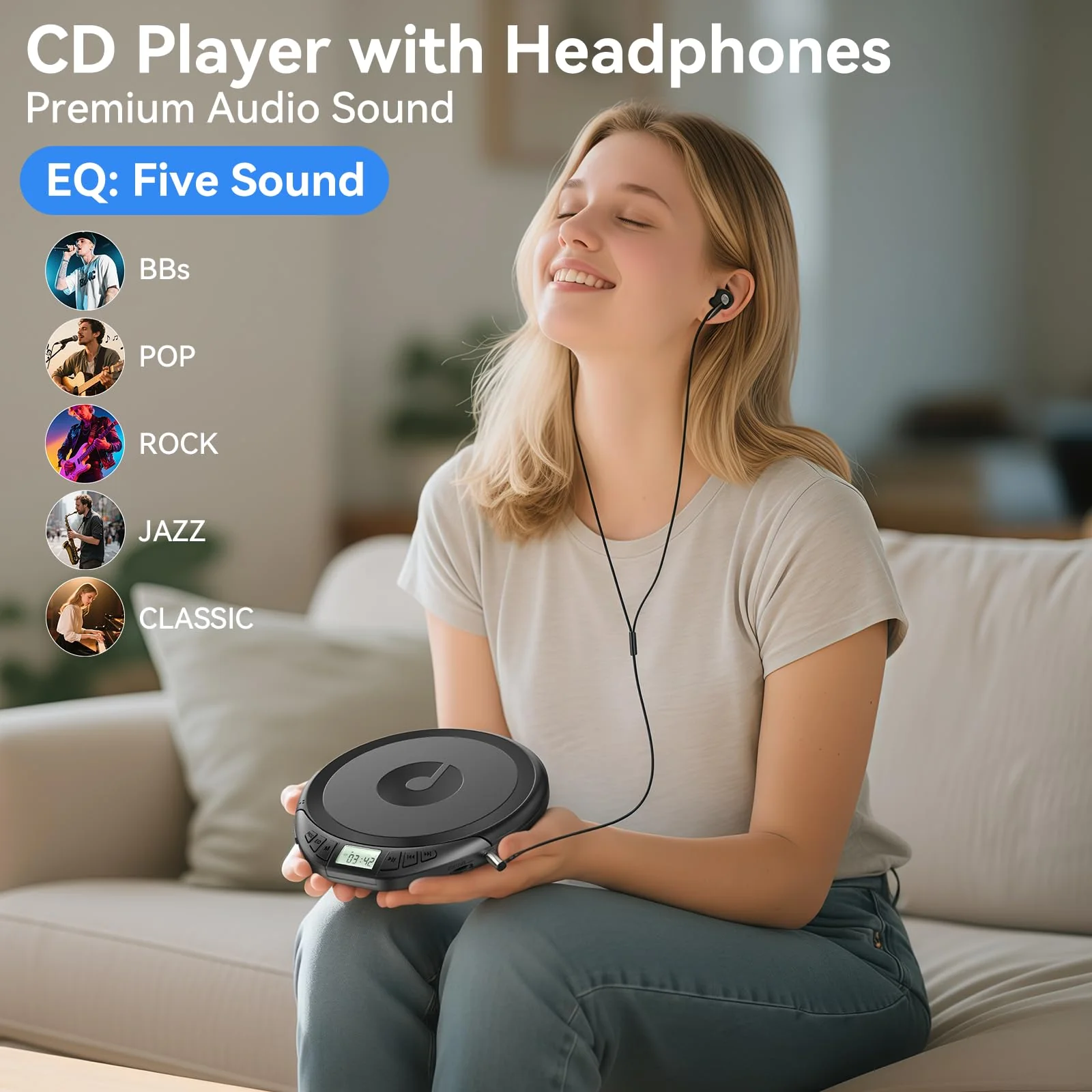 Portable CD Player with Headphones KOVCDVI CD Player Portable for Car with Anti-Skip & Shockproof,CD Discman with LCD Display,AUX Cable and Earphone for Sport Home Outdoor Black - Image 3
