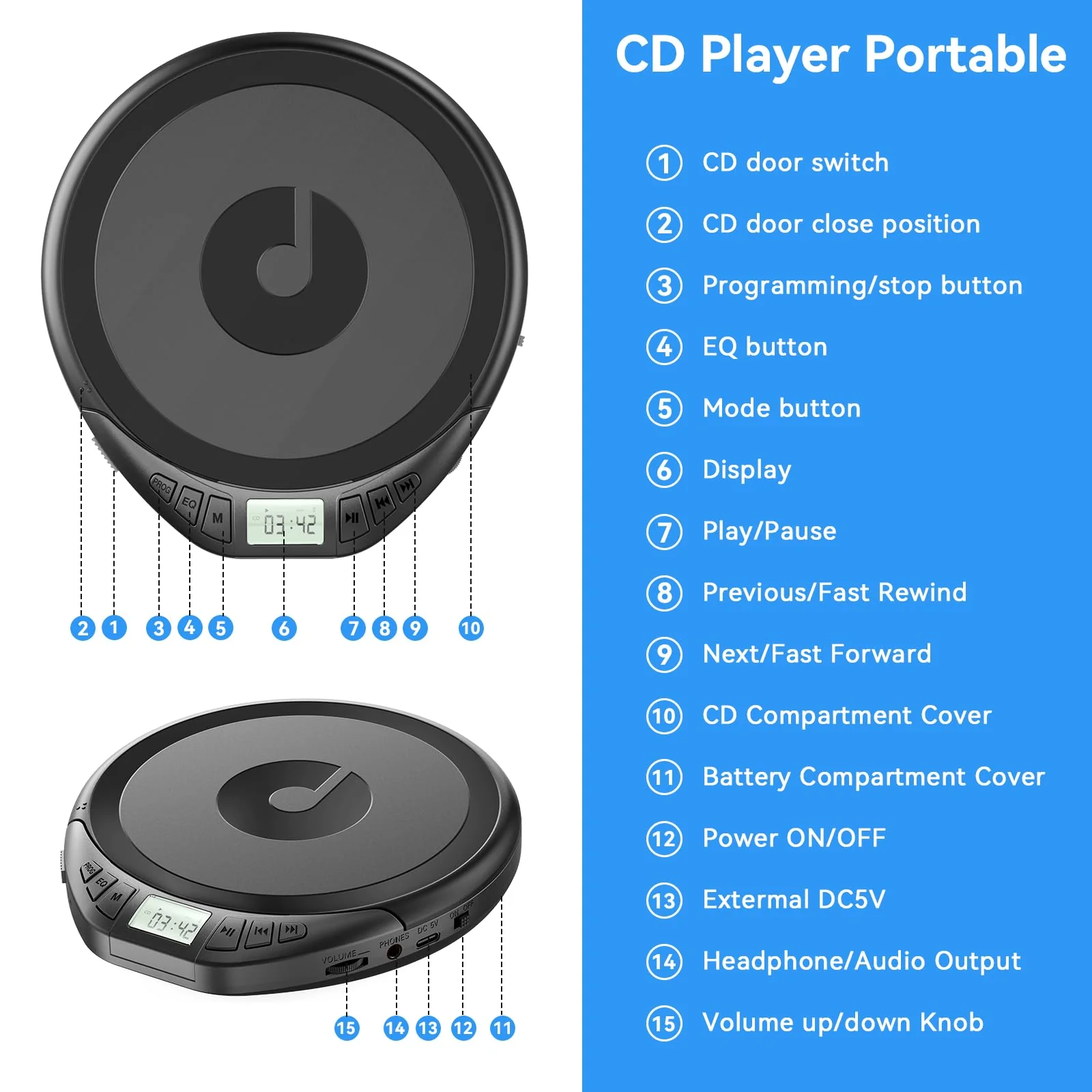 Portable CD Player with Headphones KOVCDVI CD Player Portable for Car with Anti-Skip & Shockproof,CD Discman with LCD Display,AUX Cable and Earphone for Sport Home Outdoor Black - Image 7