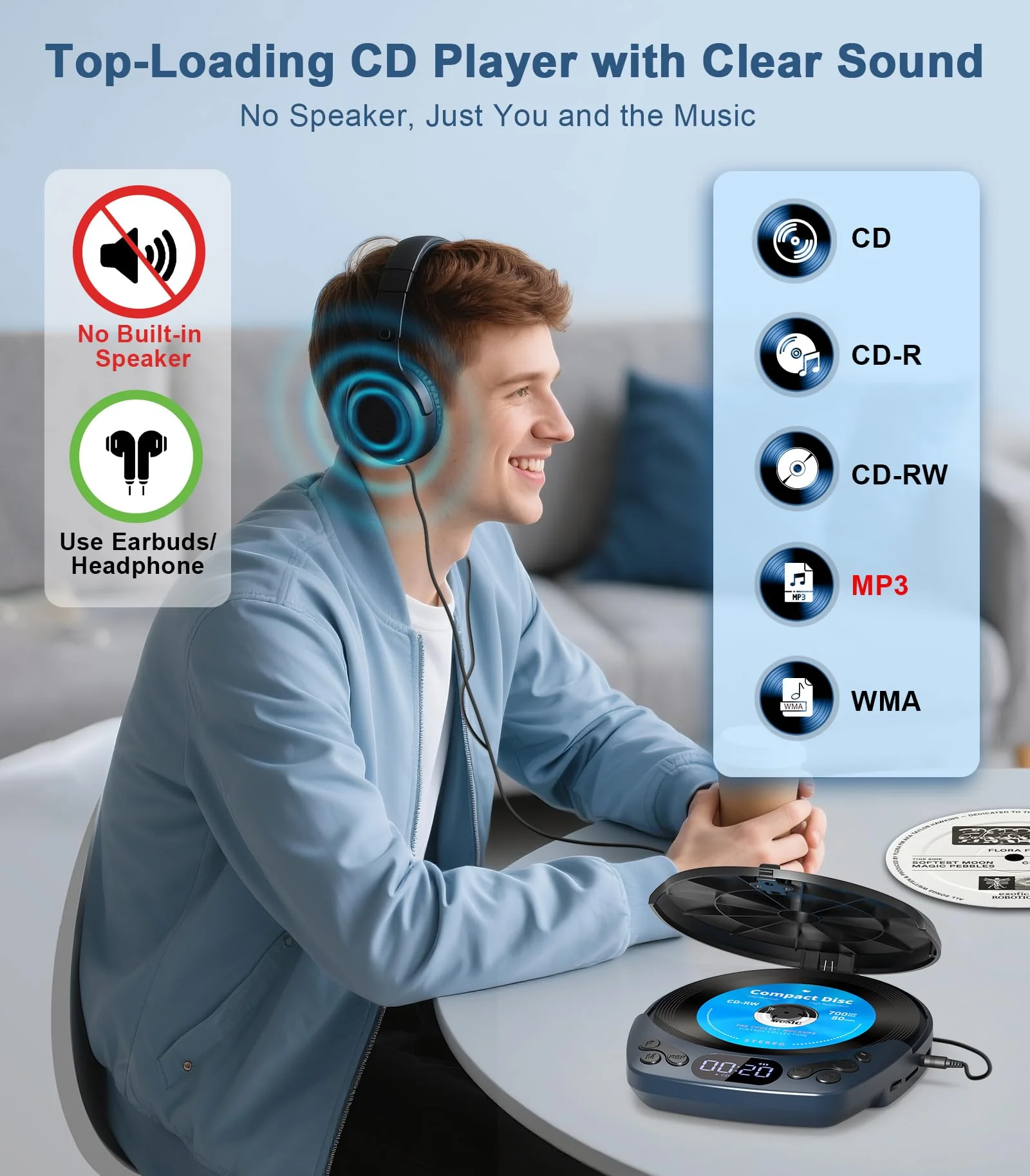 Portable CD Player with Headphones, Rechargeable Discman CD Player for Car & Home, Small CD Players Portable with 60s Anti-Skip, Supports CD/MP3/WMA/TF Card/AUX, Backlit/Lock/Programmable/Timer Blue-CD Player with 1200mAh - Image 2