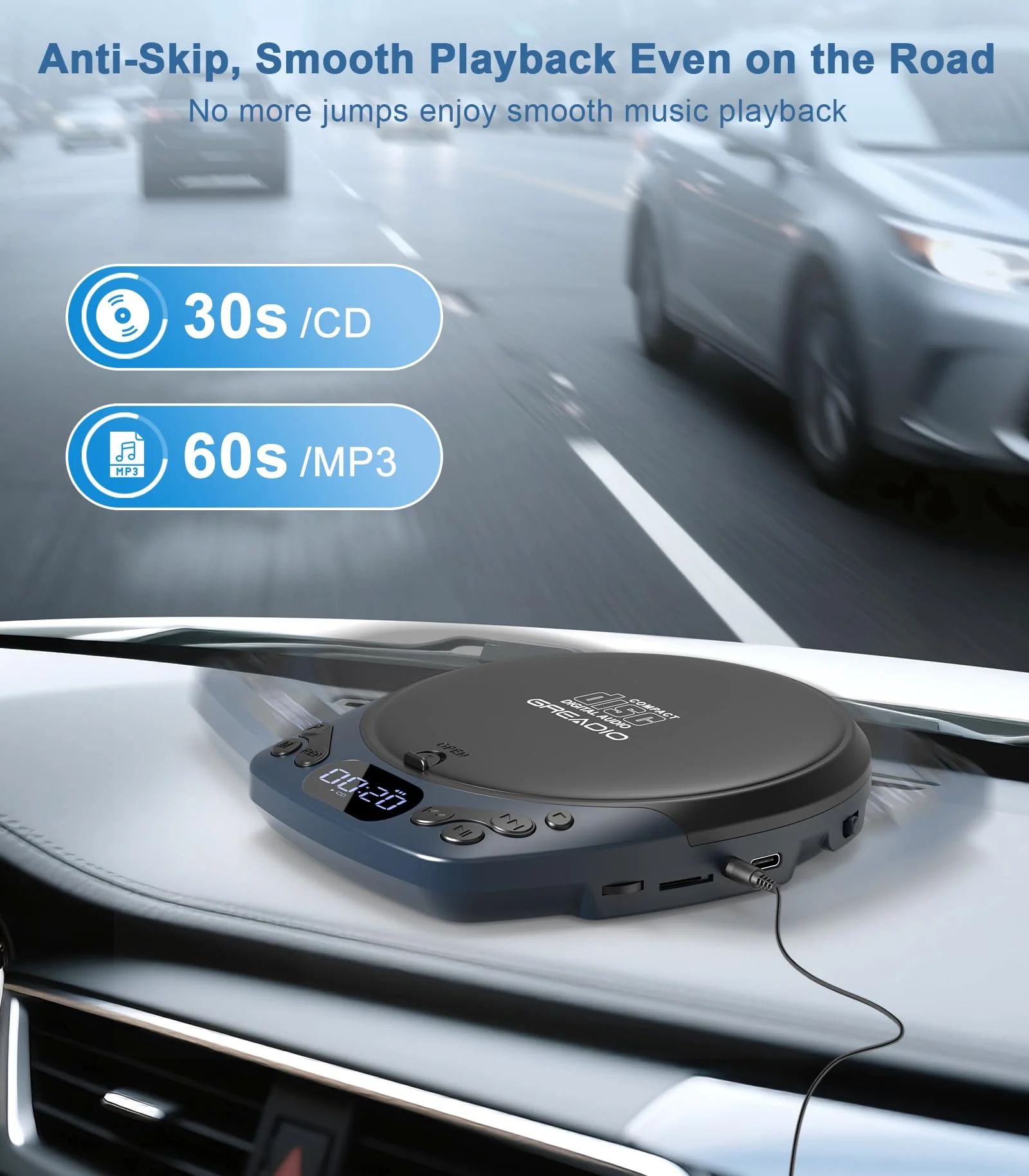 Portable CD Player with Headphones, Rechargeable Discman CD Player for Car & Home, Small CD Players Portable with 60s Anti-Skip, Supports CD/MP3/WMA/TF Card/AUX, Backlit/Lock/Programmable/Timer Blue-CD Player with 1200mAh - Image 6