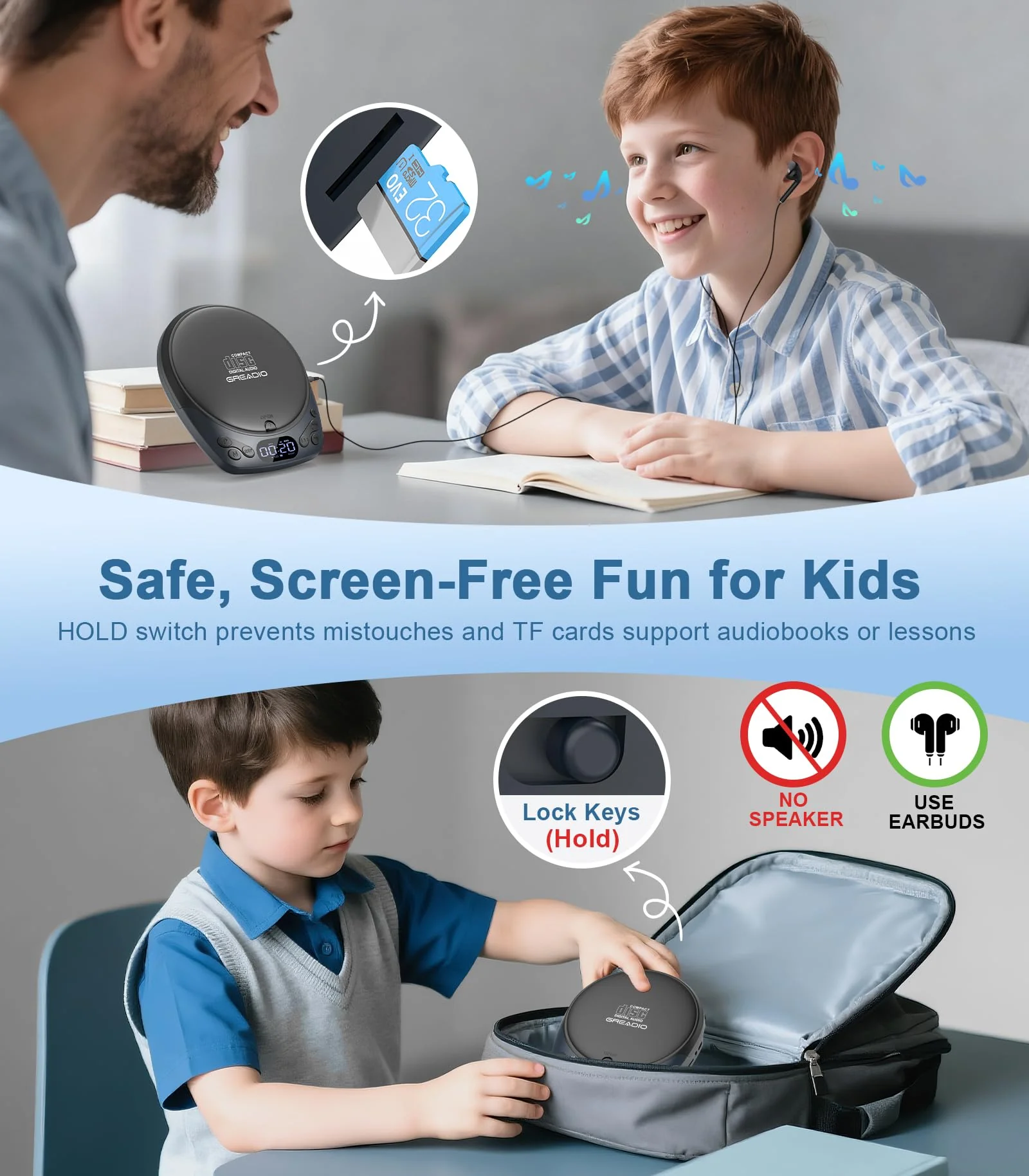Portable CD Player with Headphones, Rechargeable Discman CD Player for Car & Home, Small CD Players Portable with 60s Anti-Skip, Supports CD/MP3/WMA/TF Card/AUX, Backlit/Lock/Programmable/Timer Blue-CD Player with 1200mAh - Image 7