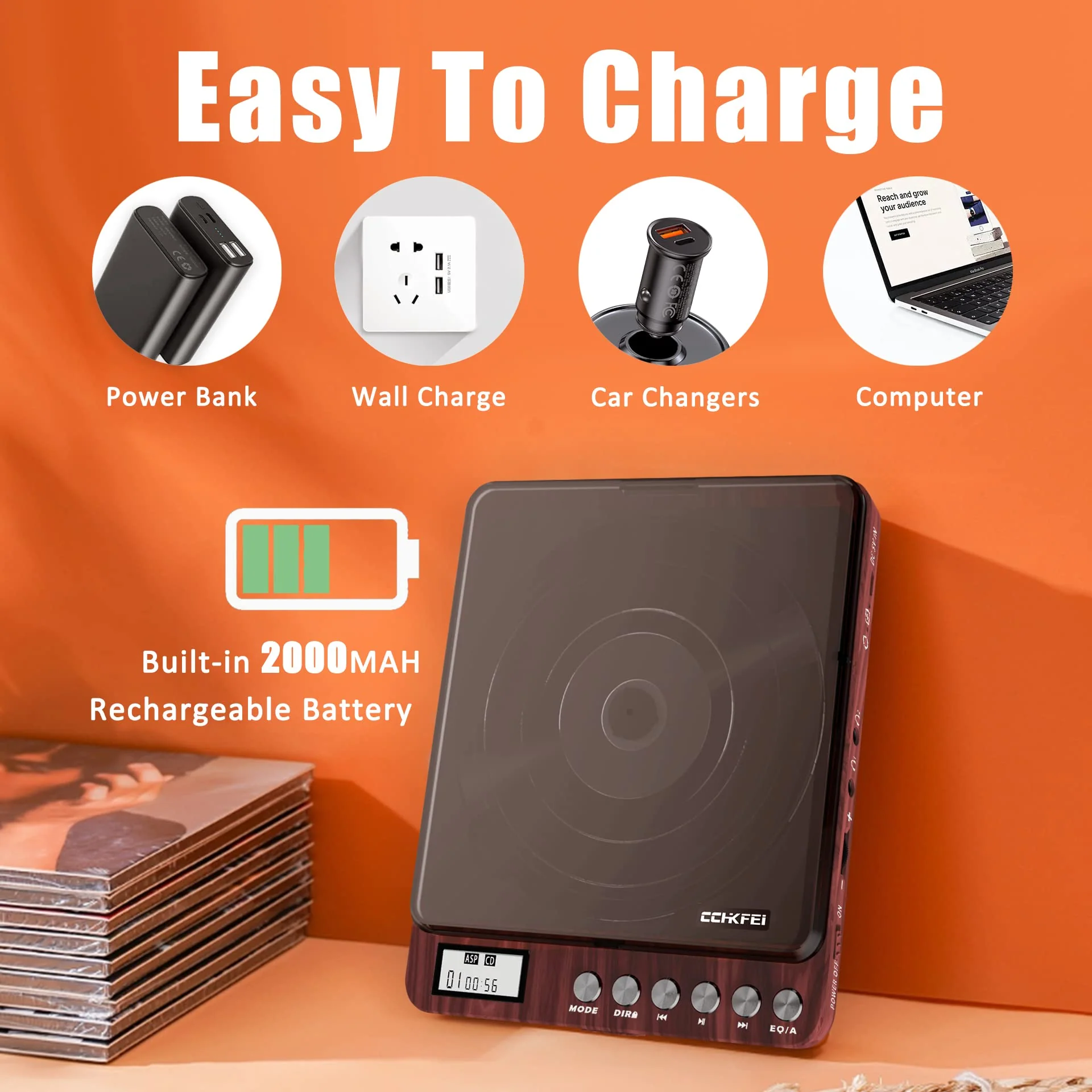 Portable CD Player with Speakers 2000mAh Rechargeable CD Player Portable with Double 3.5mm Headphones Jack,Small Anti-Shock Personal CD Player for Car Aux or Home Music Player 806-Red - Image 2