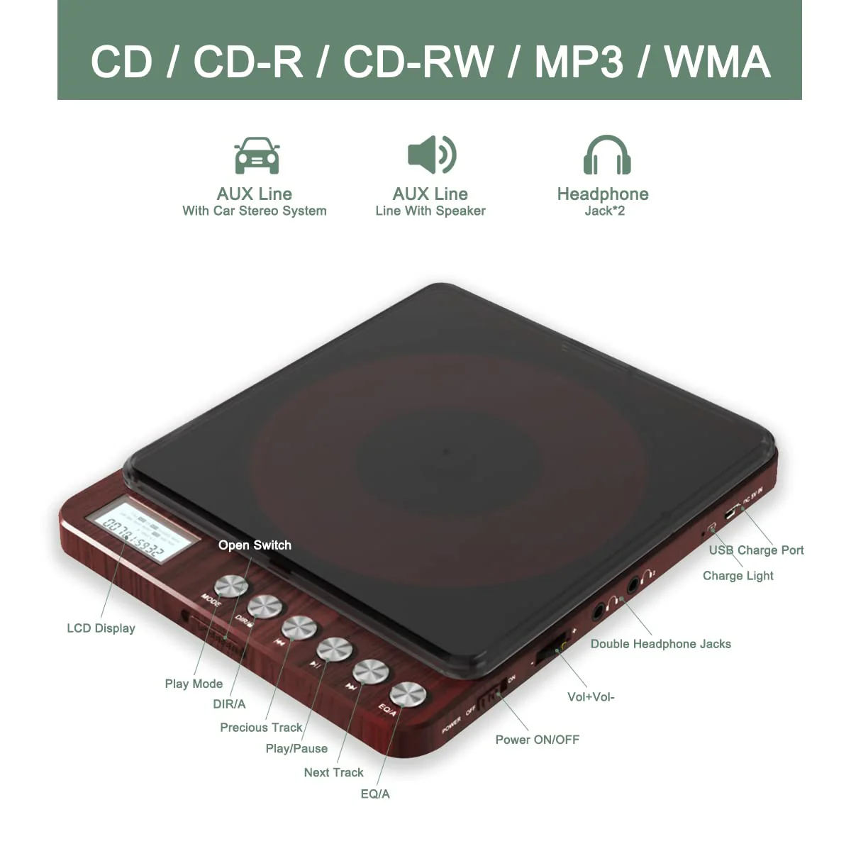 Portable CD Player with Speakers 2000mAh Rechargeable CD Player Portable with Double 3.5mm Headphones Jack,Small Anti-Shock Personal CD Player for Car Aux or Home Music Player 806-Red - Image 3