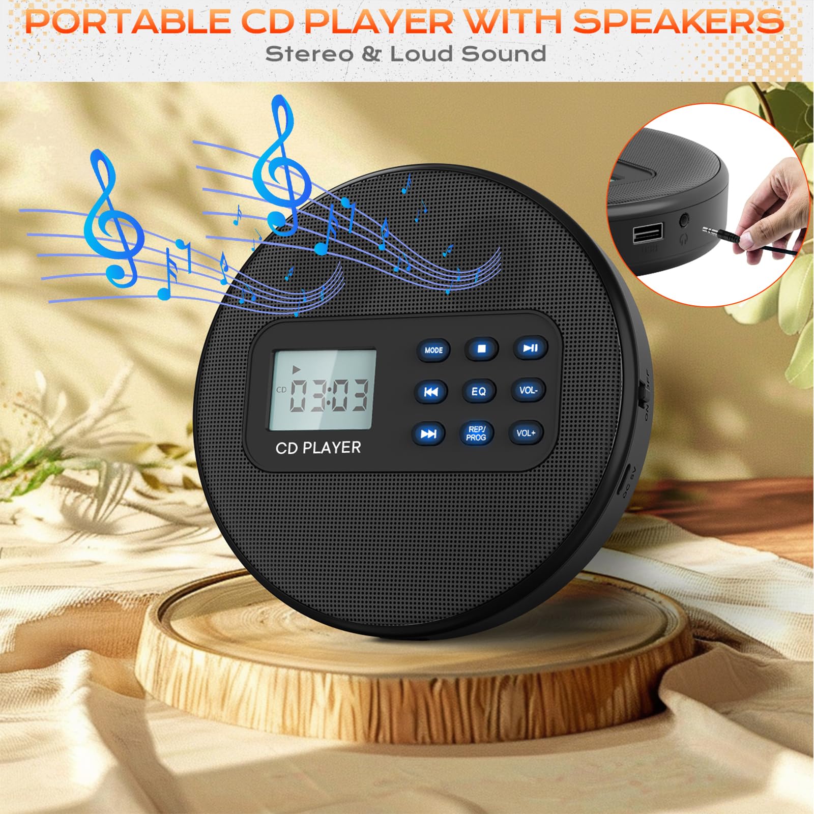 Portable CD Player with Speakers:Rechargeable Walkman CD Player for Car with Anti-Skip Protection,Discman CD Player with Headphones,Plays Recorded MP3/Audiobook/CD/USB with Memory,Backlit. - Image 2
