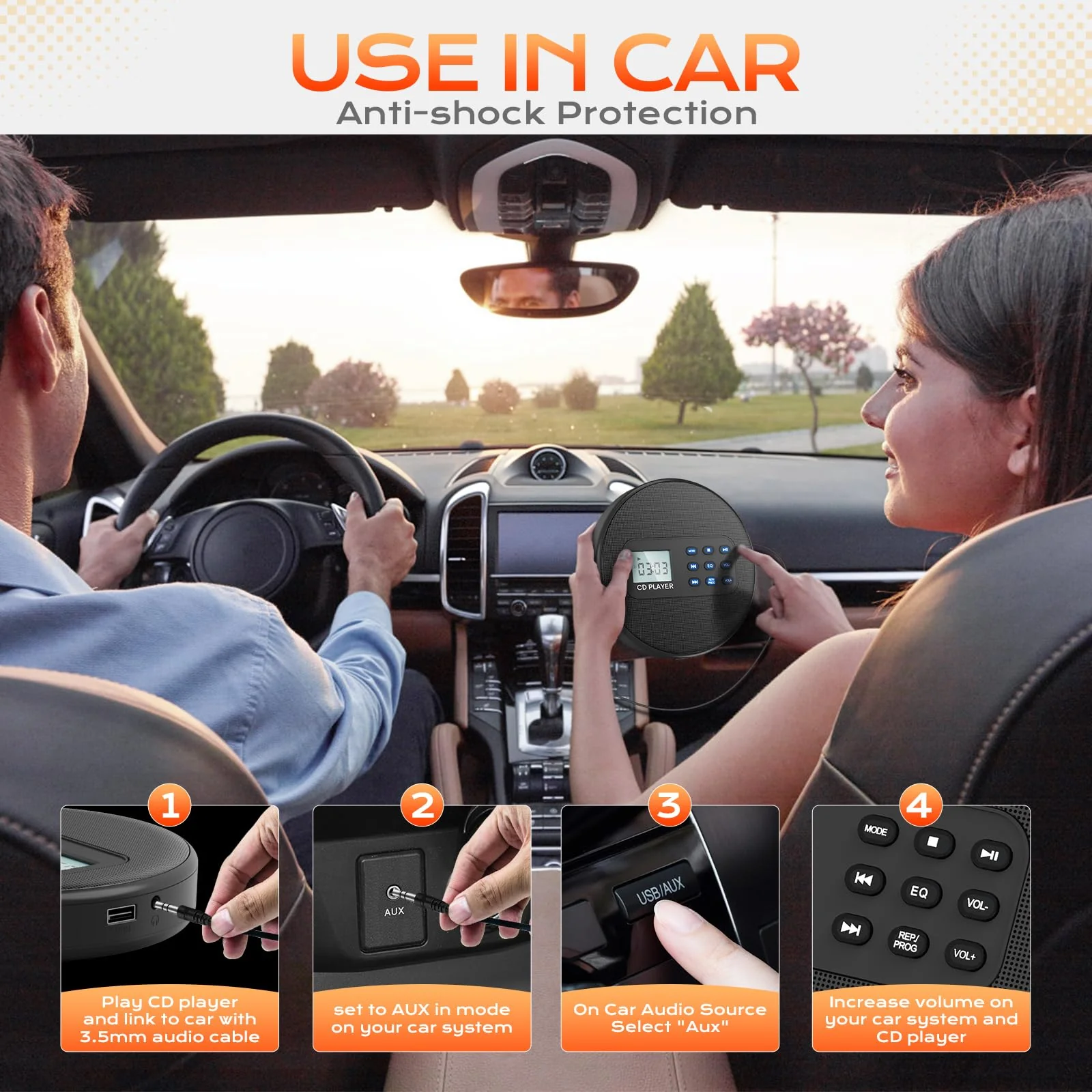 Portable CD Player with Speakers:Rechargeable Walkman CD Player for Car with Anti-Skip Protection,Discman CD Player with Headphones,Plays Recorded MP3/Audiobook/CD/USB with Memory,Backlit. - Image 4