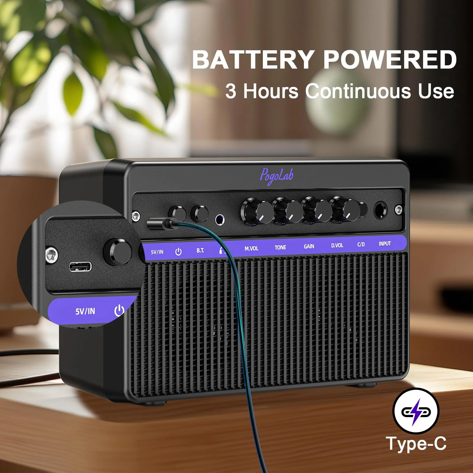 Portable Electric Guitar Amplifier, PogoLab Mini 10W Dual Speakers Bluetooth Amp with Rechargeable Battery (5H Play), Clean/Distortion Effects, Headphone Output for Electric Guitar Practice Anywhere Black Purple - Image 3