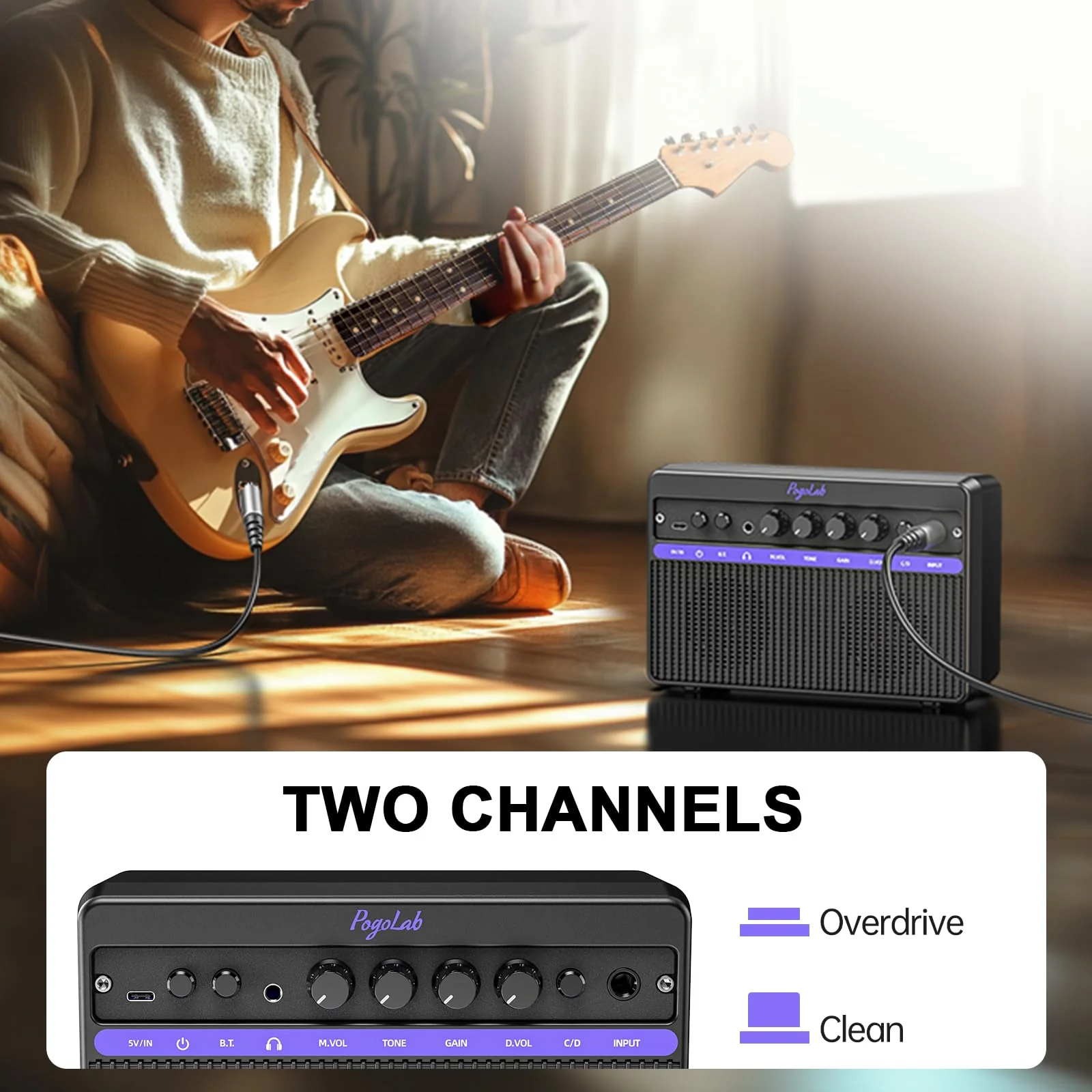 Portable Electric Guitar Amplifier, PogoLab Mini 10W Dual Speakers Bluetooth Amp with Rechargeable Battery (5H Play), Clean/Distortion Effects, Headphone Output for Electric Guitar Practice Anywhere Black Purple - Image 4