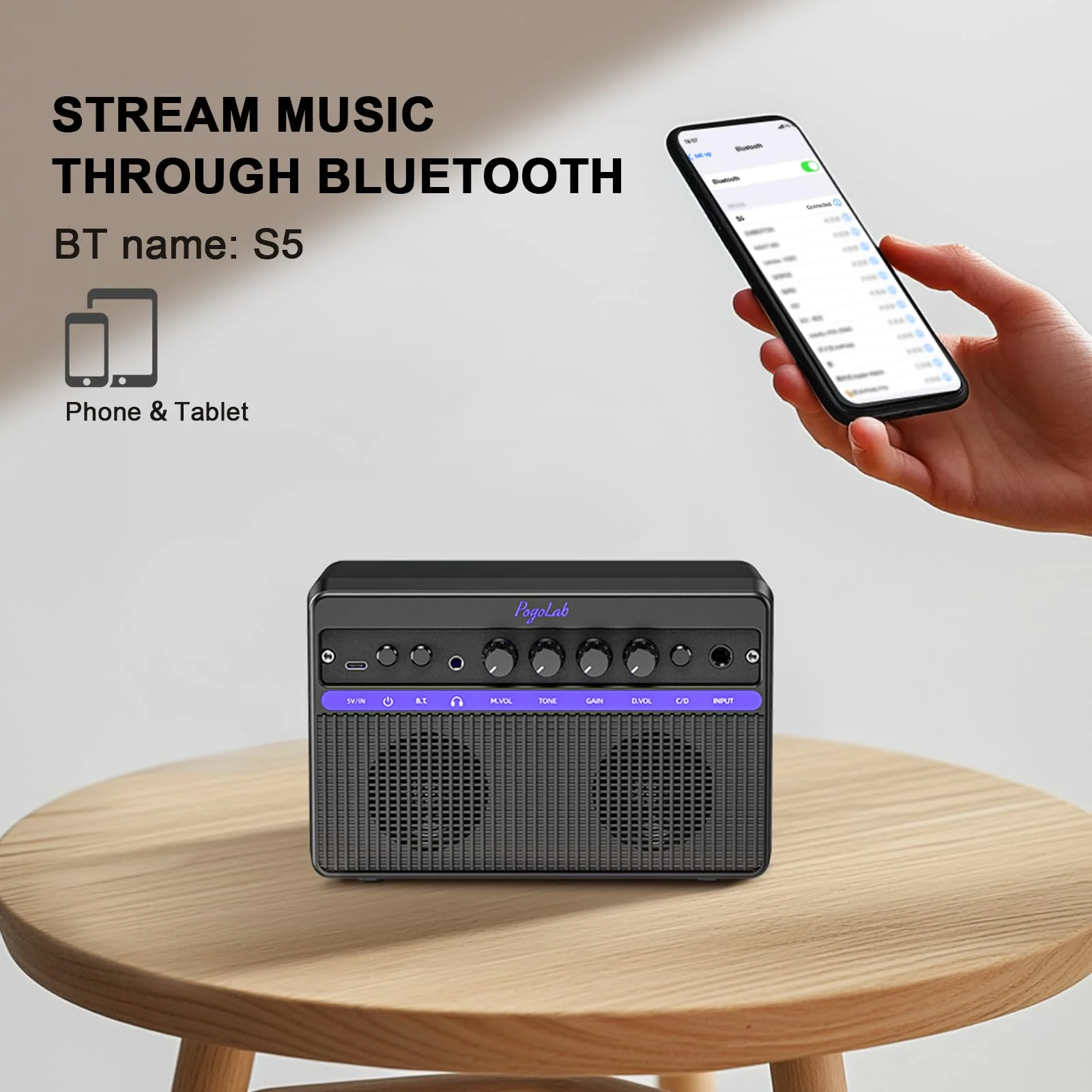 Portable Electric Guitar Amplifier, PogoLab Mini 10W Dual Speakers Bluetooth Amp with Rechargeable Battery (5H Play), Clean/Distortion Effects, Headphone Output for Electric Guitar Practice Anywhere Black Purple - Image 5