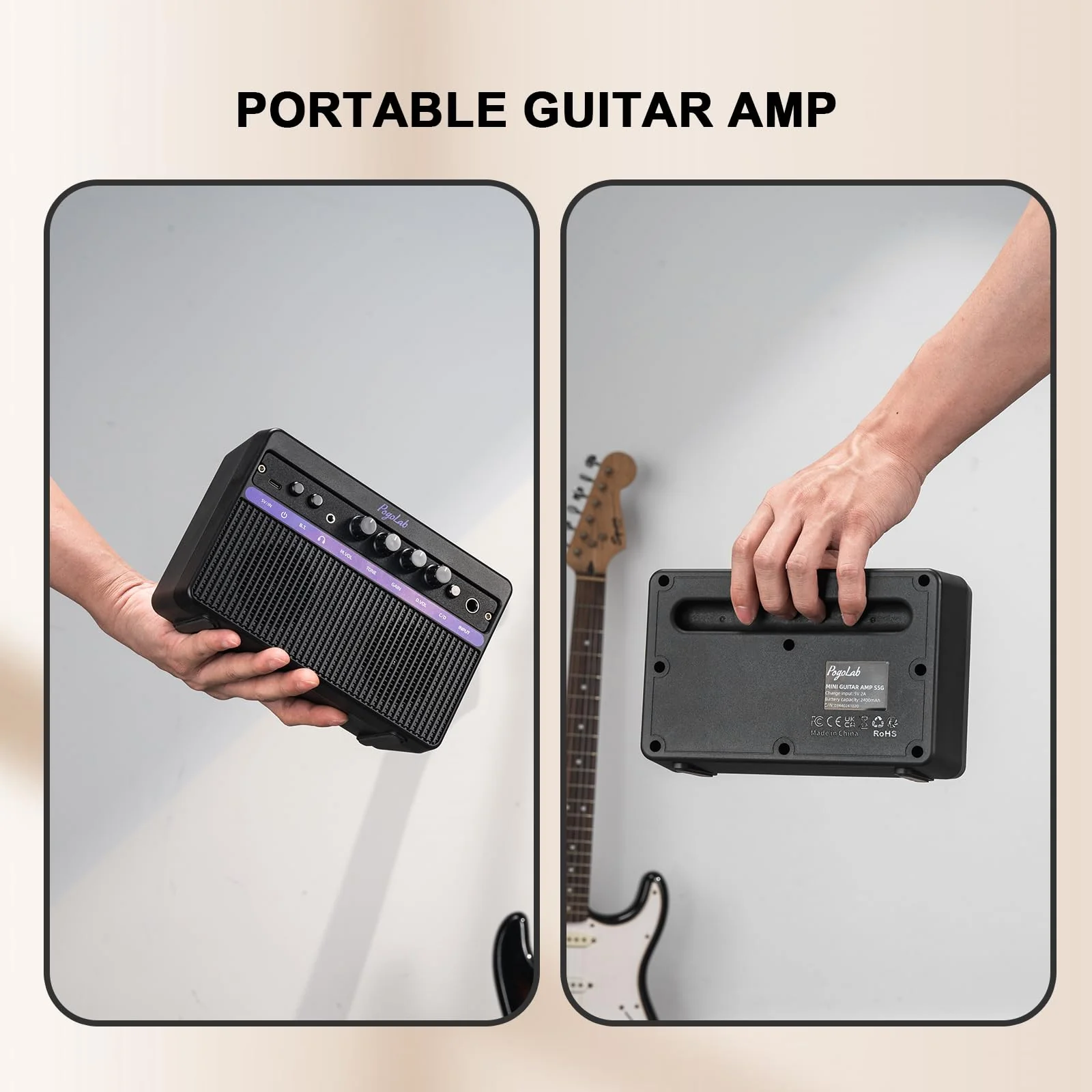 Portable Electric Guitar Amplifier, PogoLab Mini 10W Dual Speakers Bluetooth Amp with Rechargeable Battery (5H Play), Clean/Distortion Effects, Headphone Output for Electric Guitar Practice Anywhere Black Purple - Image 6