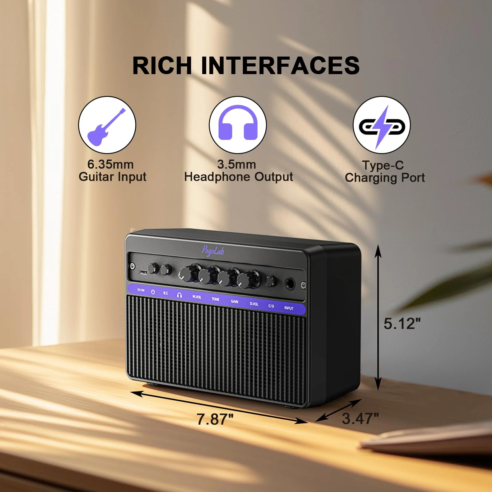 Portable Electric Guitar Amplifier, PogoLab Mini 10W Dual Speakers Bluetooth Amp with Rechargeable Battery (5H Play), Clean/Distortion Effects, Headphone Output for Electric Guitar Practice Anywhere Black Purple - Image 7