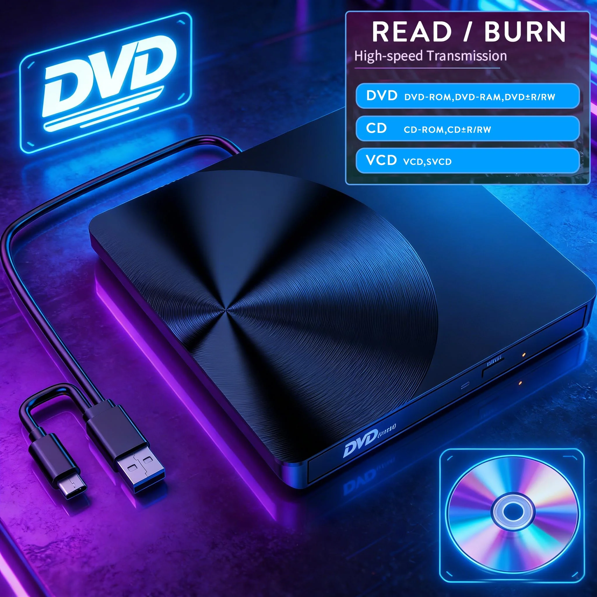 Portable External CD/DVD Drive, USB 3.0 & USB C CD Burner +/-RW RW Burner CD ROM Reader Writer Disk Duplicator Optical Drive for Laptop Desktop PC Windows 11/10/8/7 Apple Mac Pro MacBook Mac Linux - Image 3