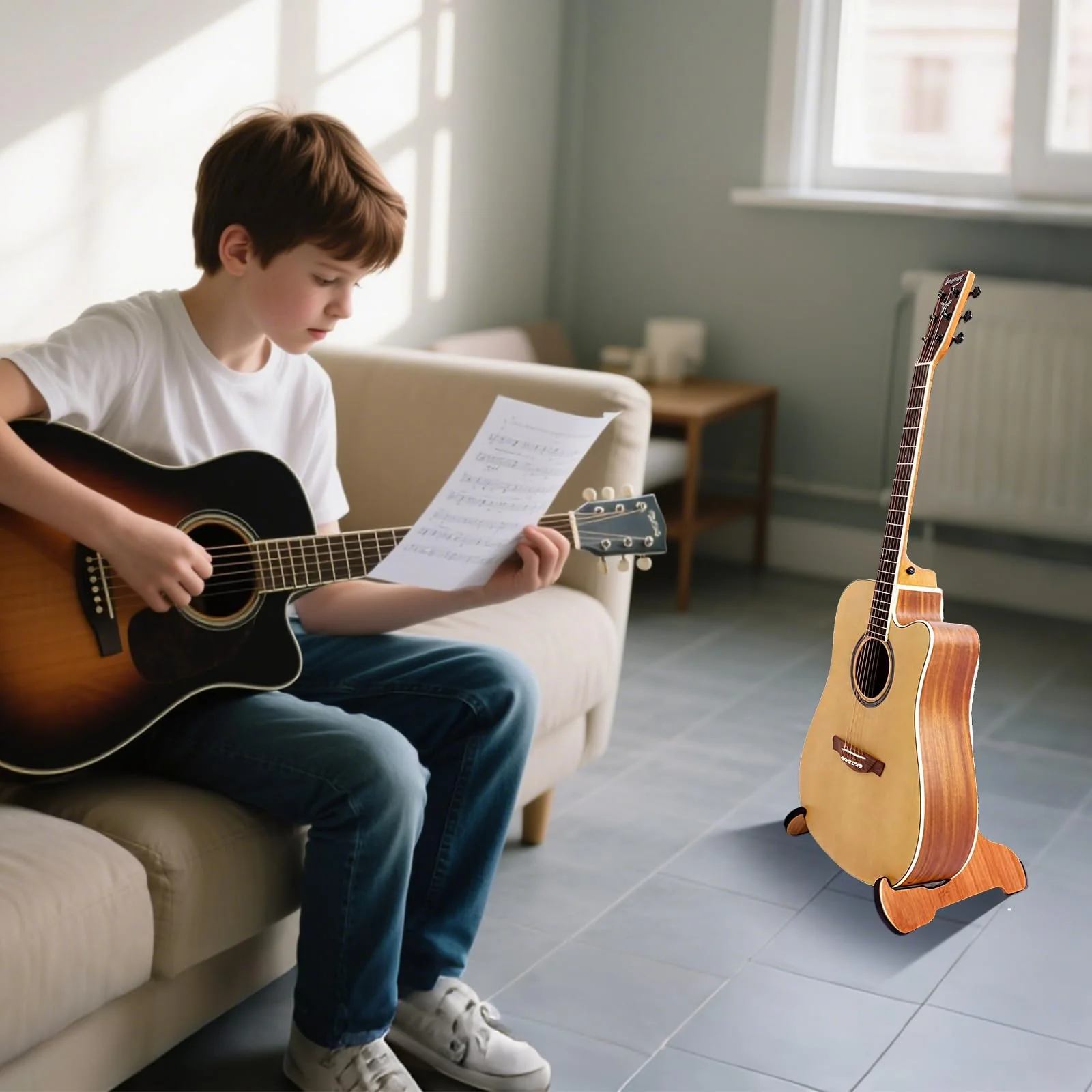 Portable Guitar Stand Floor - Folding Acoustic Electric Guitar Stands A-frame Wooden, Bamboo Single Bass Guitar Holder Portable Soporte Para Guitarra Rack for Mandolin Banjo Ukulee Violin Folding Guitar Stand - Image 2