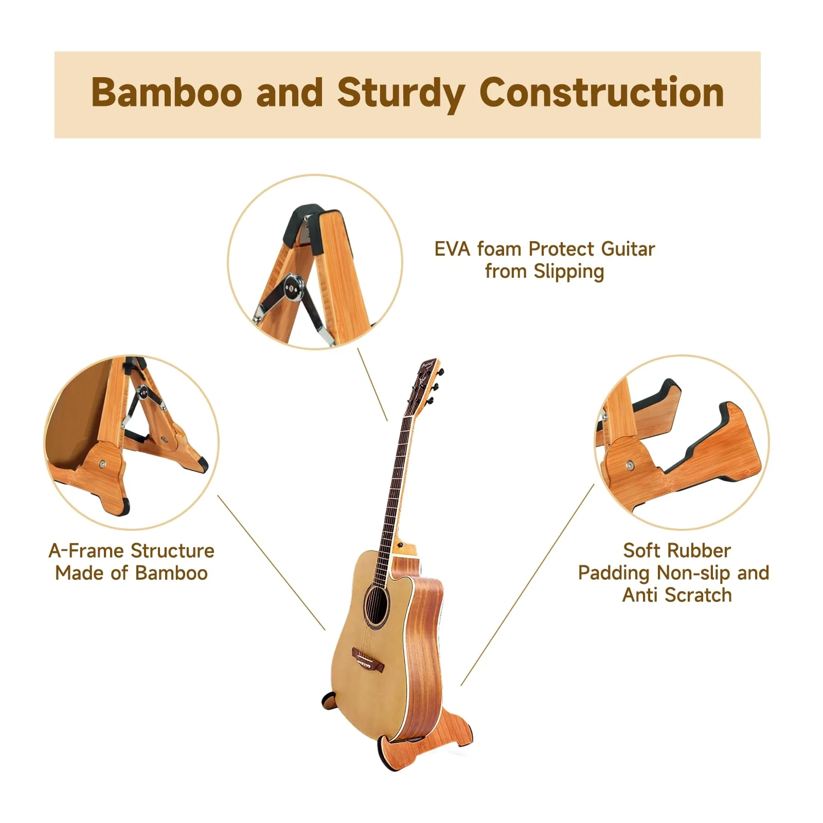Portable Guitar Stand Floor - Folding Acoustic Electric Guitar Stands A-frame Wooden, Bamboo Single Bass Guitar Holder Portable Soporte Para Guitarra Rack for Mandolin Banjo Ukulee Violin Folding Guitar Stand - Image 4