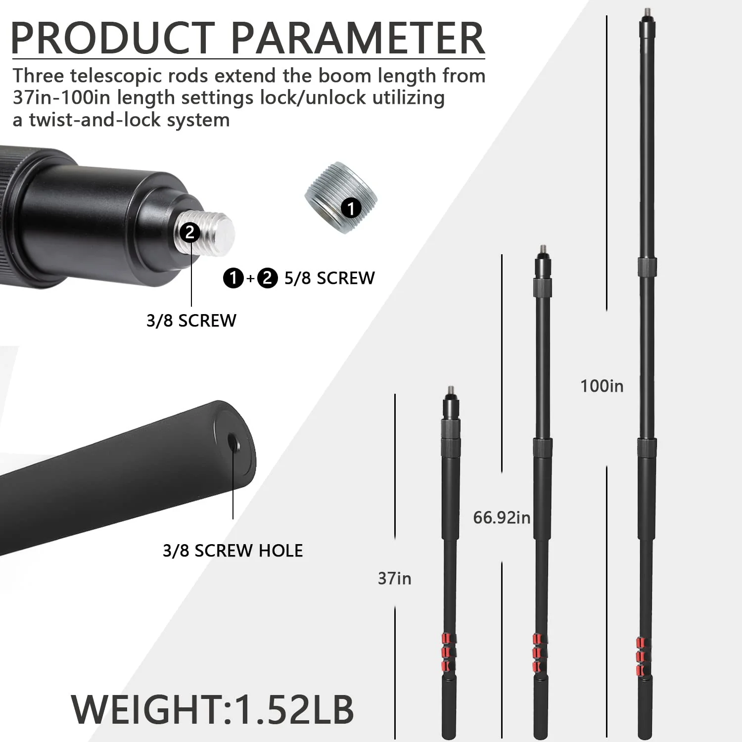 Portable Handheld Boom Pole for Shotgun Mic, 3-Section Extendable Microphone Arm for Filming with 3/8" and 5/8" Threads, 3ft to 8.3ft Adjustable Length - Image 2