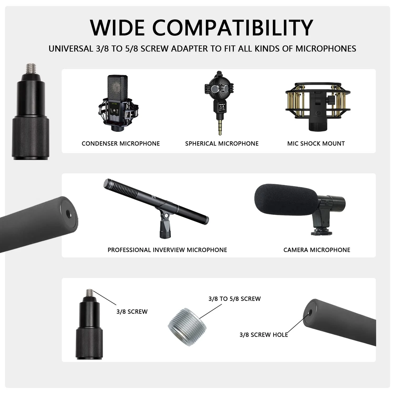 Portable Handheld Boom Pole for Shotgun Mic, 3-Section Extendable Microphone Arm for Filming with 3/8" and 5/8" Threads, 3ft to 8.3ft Adjustable Length - Image 3