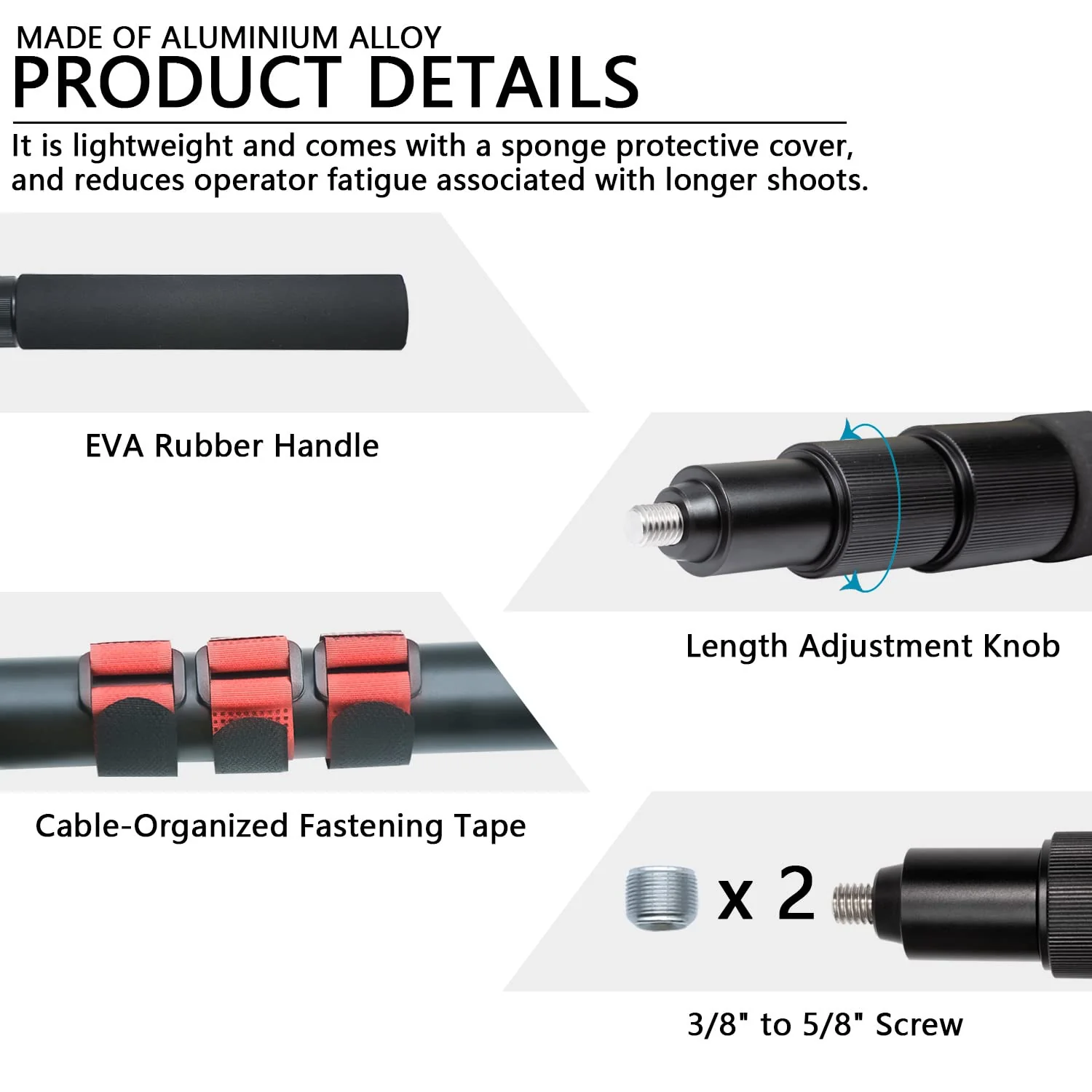Portable Handheld Boom Pole for Shotgun Mic, 3-Section Extendable Microphone Arm for Filming with 3/8" and 5/8" Threads, 3ft to 8.3ft Adjustable Length - Image 4