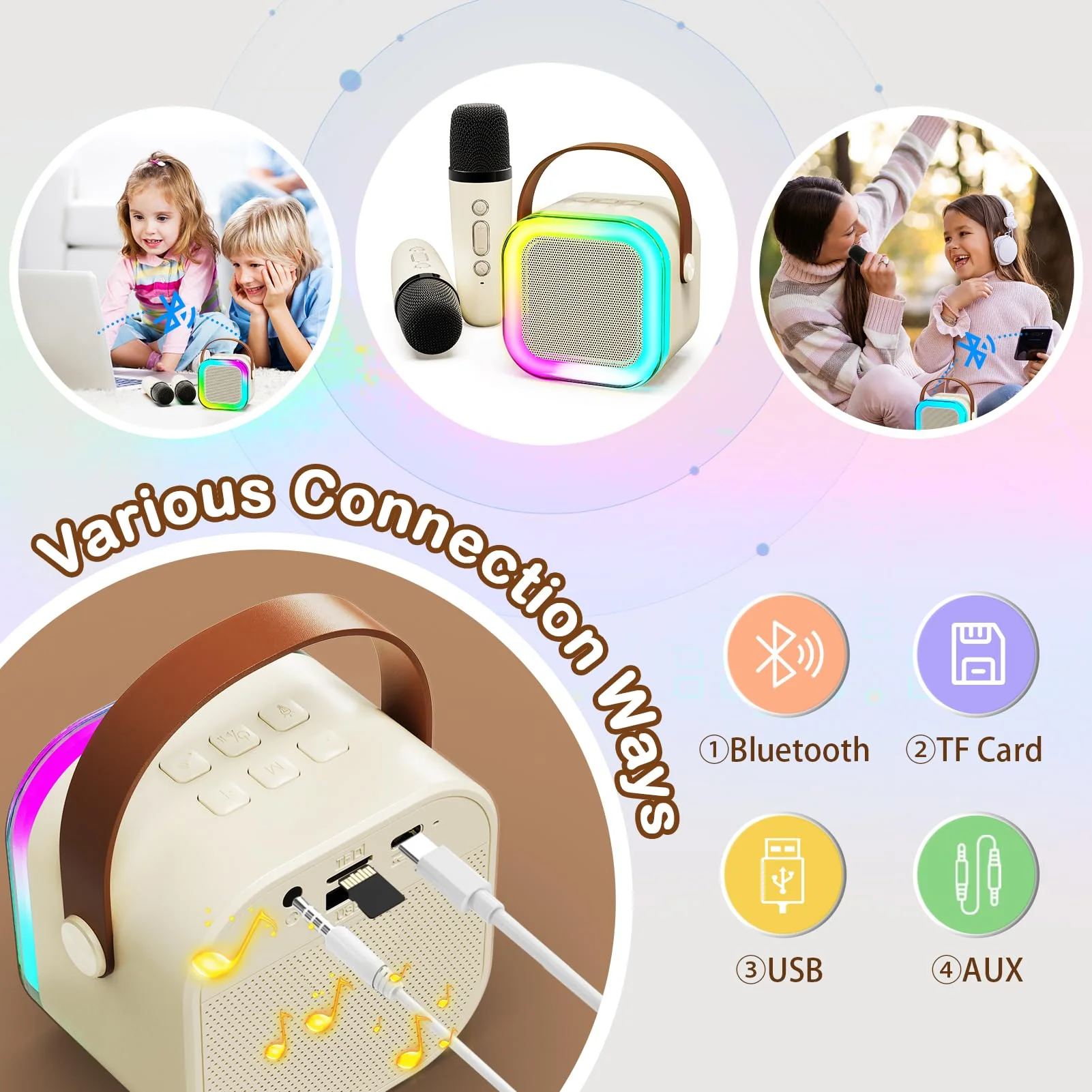 Portable Karaoke Machine with 2 Wireless Microphone, Mini Portable Bluetooth Speaker with Wireless Microphone, Gifts for Kids Age 4-12, Boys, Girls, Adults, Party, Home KTV, Outdoor, Travel (Beige) Beige - Image 3