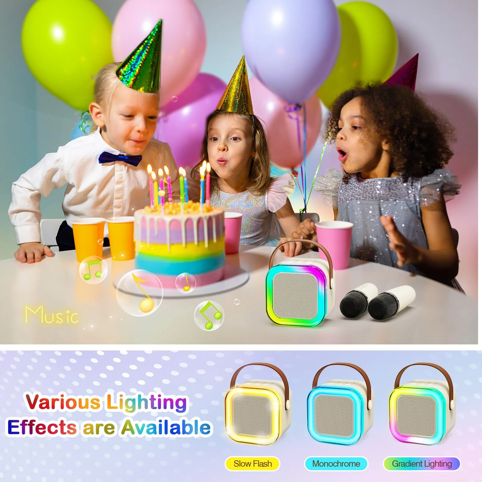 Portable Karaoke Machine with 2 Wireless Microphone, Mini Portable Bluetooth Speaker with Wireless Microphone, Gifts for Kids Age 4-12, Boys, Girls, Adults, Party, Home KTV, Outdoor, Travel (Beige) Beige - Image 4