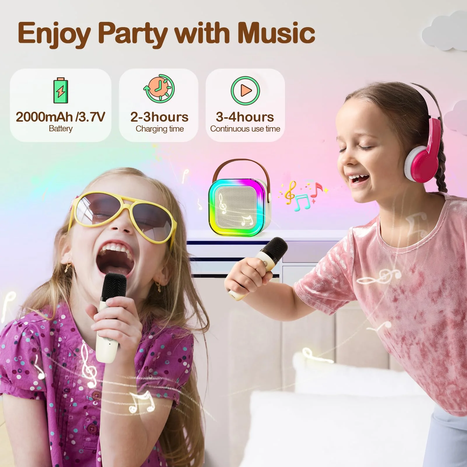 Portable Karaoke Machine with 2 Wireless Microphone, Mini Portable Bluetooth Speaker with Wireless Microphone, Gifts for Kids Age 4-12, Boys, Girls, Adults, Party, Home KTV, Outdoor, Travel (Beige) Beige - Image 5