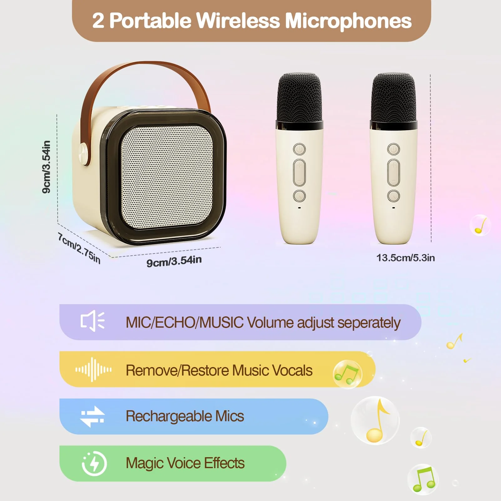 Portable Karaoke Machine with 2 Wireless Microphone, Mini Portable Bluetooth Speaker with Wireless Microphone, Gifts for Kids Age 4-12, Boys, Girls, Adults, Party, Home KTV, Outdoor, Travel (Beige) Beige - Image 6
