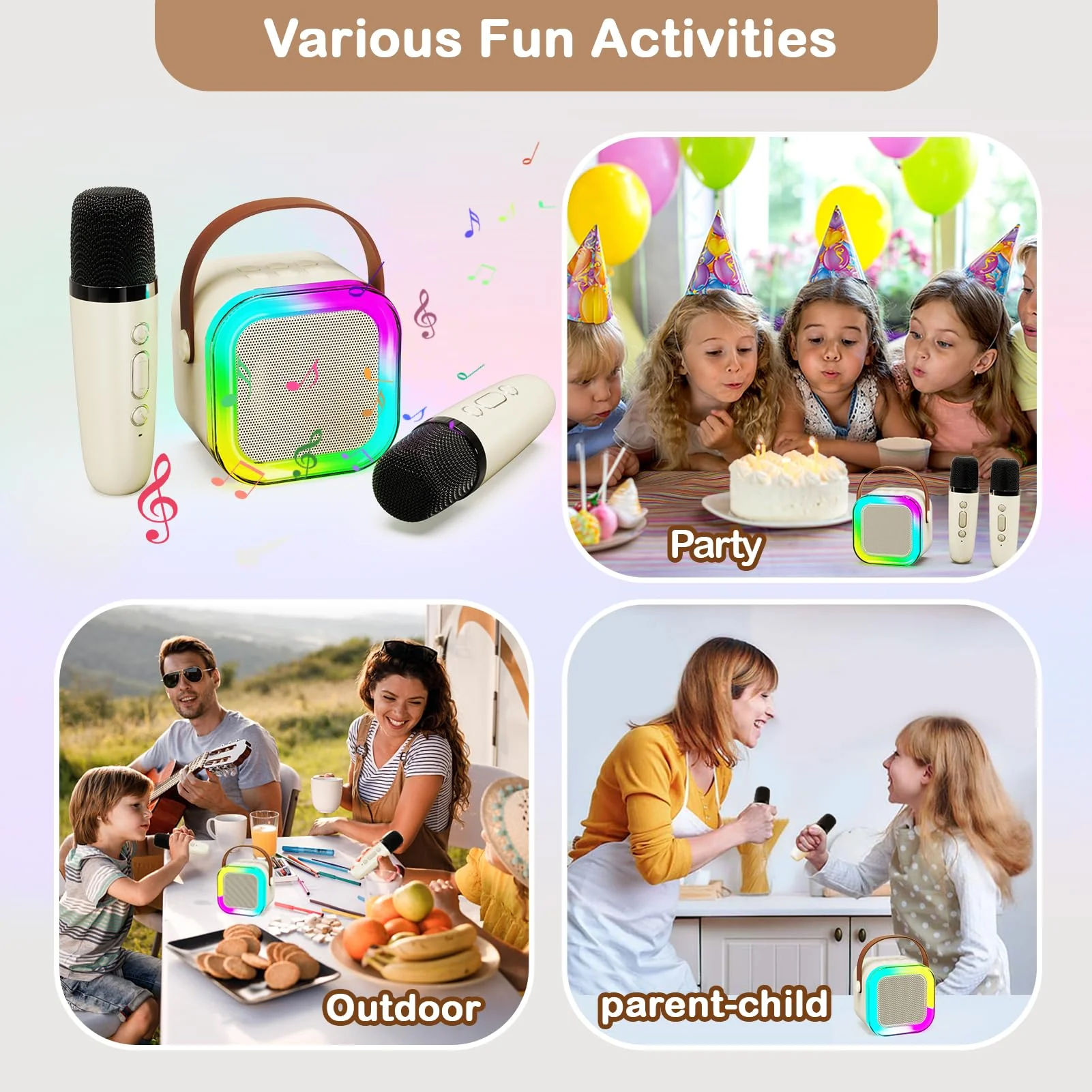Portable Karaoke Machine with 2 Wireless Microphone, Mini Portable Bluetooth Speaker with Wireless Microphone, Gifts for Kids Age 4-12, Boys, Girls, Adults, Party, Home KTV, Outdoor, Travel (Beige) Beige - Image 7