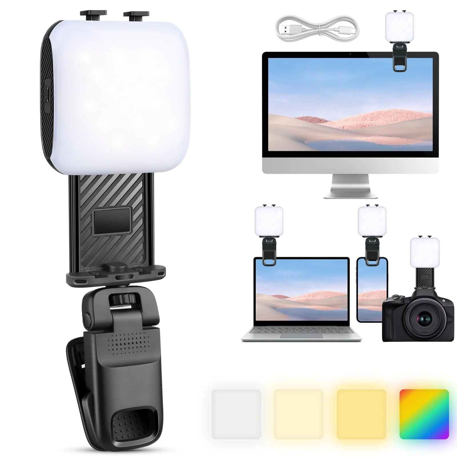 Portable LED Selfie Light with Mini Phone Light Clip,1000mAh Rechargeable, RGB Light Modes. Ideal for Selfie Shooting, Zoom Calls, Tik tok Live Streaming, Video Conferencing. D4
