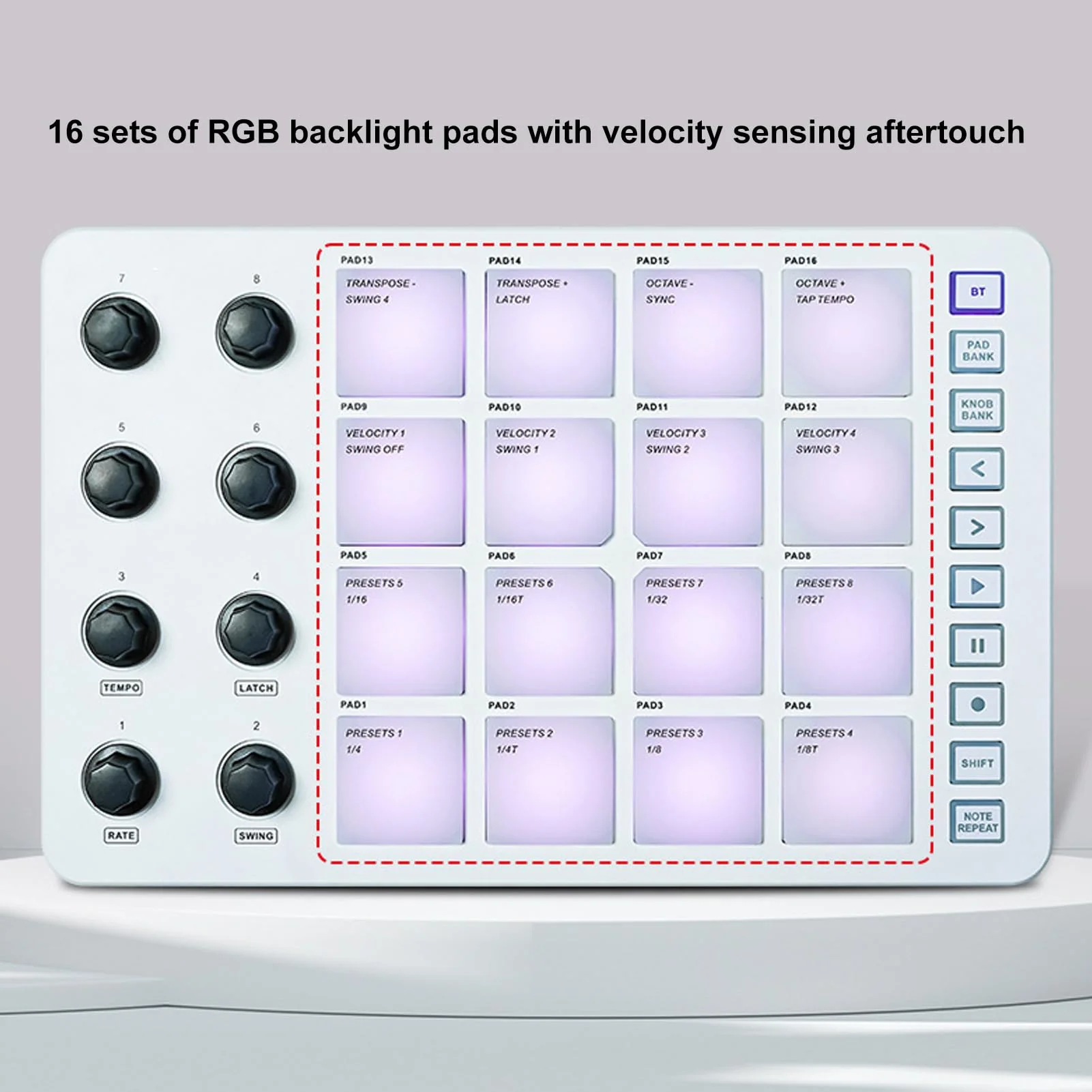 Portable MIDI Drum Pad Controller - Beat Maker Machine with 16 RGB Backlit Pads, Bluetooth USB, 8 Assignable Knobs for Music Production - Image 2