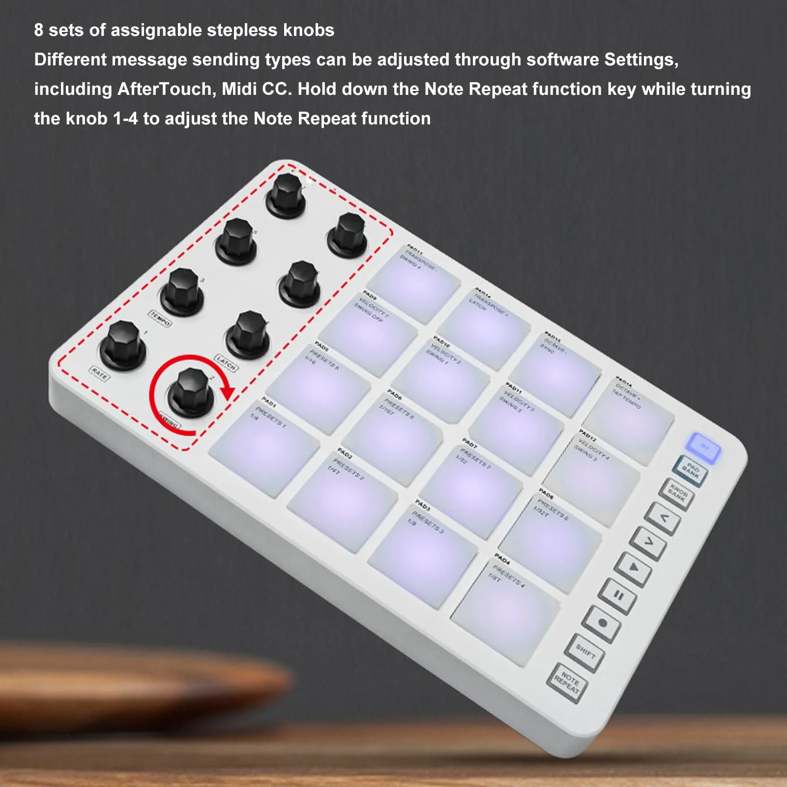 Portable MIDI Drum Pad Controller - Beat Maker Machine with 16 RGB Backlit Pads, Bluetooth USB, 8 Assignable Knobs for Music Production - Image 3