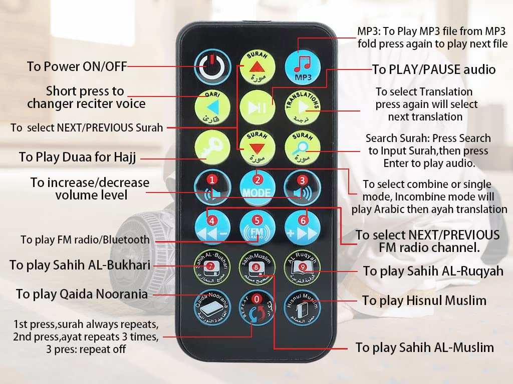 Portable Quran Speaker with Remote Control - MP3 Player, 18 Reciters & 15 Translations (Black) - Image 9