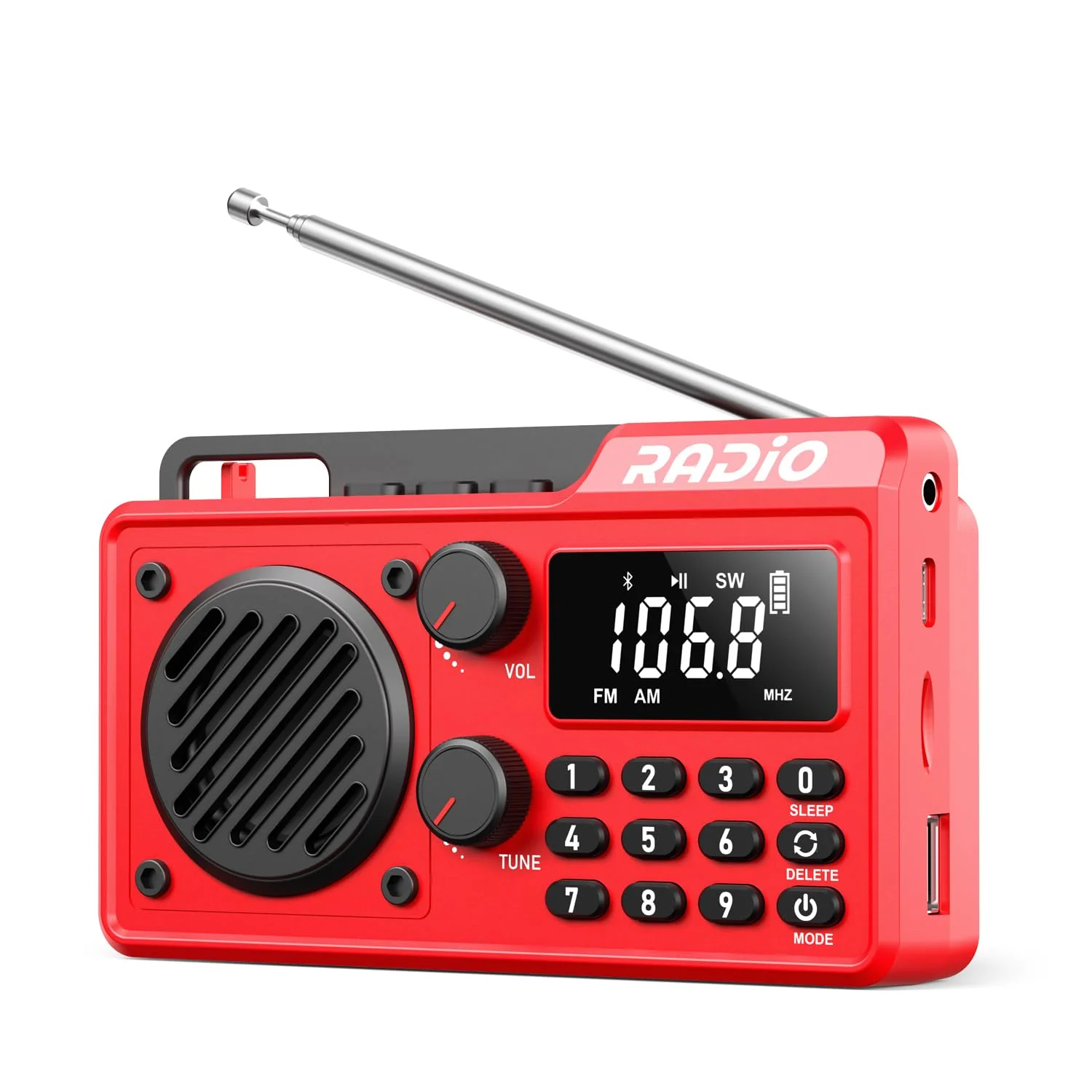 Portable Radio AM FM 1500mAh Rechargeable with Best Reception, Transistor shortwave Radio Wireless Bluetooth Speaker, with Large LCD Screen, Support TF Card U Disk, Earphone, Sleep Timer (Red) Red
