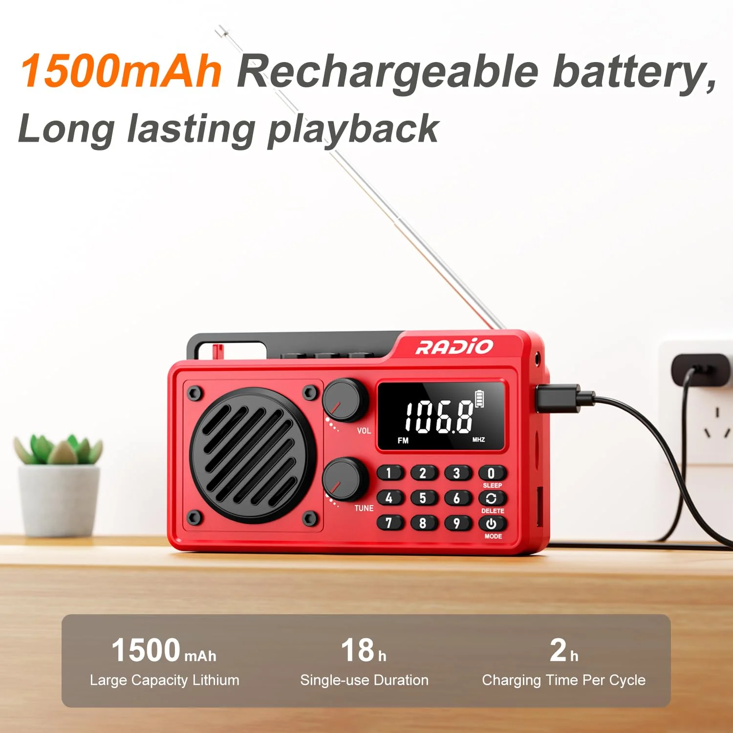 Portable Radio AM FM 1500mAh Rechargeable with Best Reception, Transistor shortwave Radio Wireless Bluetooth Speaker, with Large LCD Screen, Support TF Card U Disk, Earphone, Sleep Timer (Red) Red - Image 2