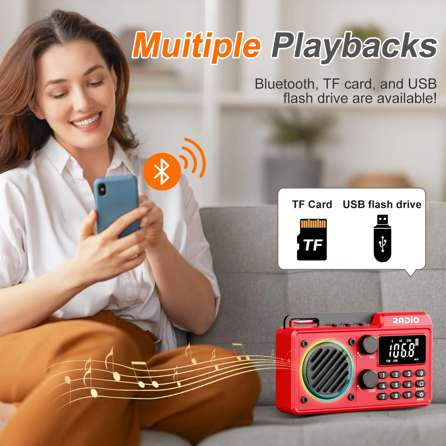 Portable Radio AM FM 1500mAh Rechargeable with Best Reception, Transistor shortwave Radio Wireless Bluetooth Speaker, with Large LCD Screen, Support TF Card U Disk, Earphone, Sleep Timer (Red) Red - Image 3