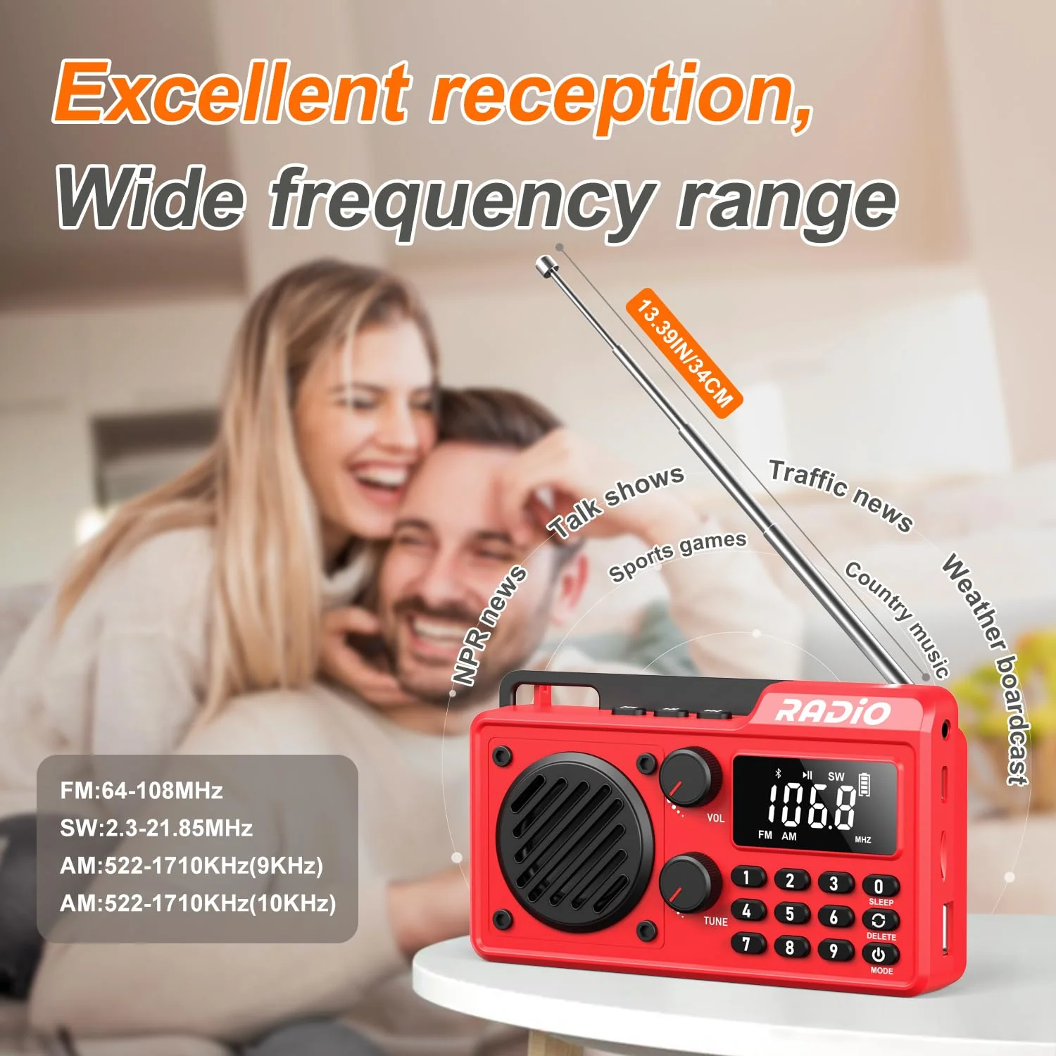 Portable Radio AM FM 1500mAh Rechargeable with Best Reception, Transistor shortwave Radio Wireless Bluetooth Speaker, with Large LCD Screen, Support TF Card U Disk, Earphone, Sleep Timer (Red) Red - Image 4