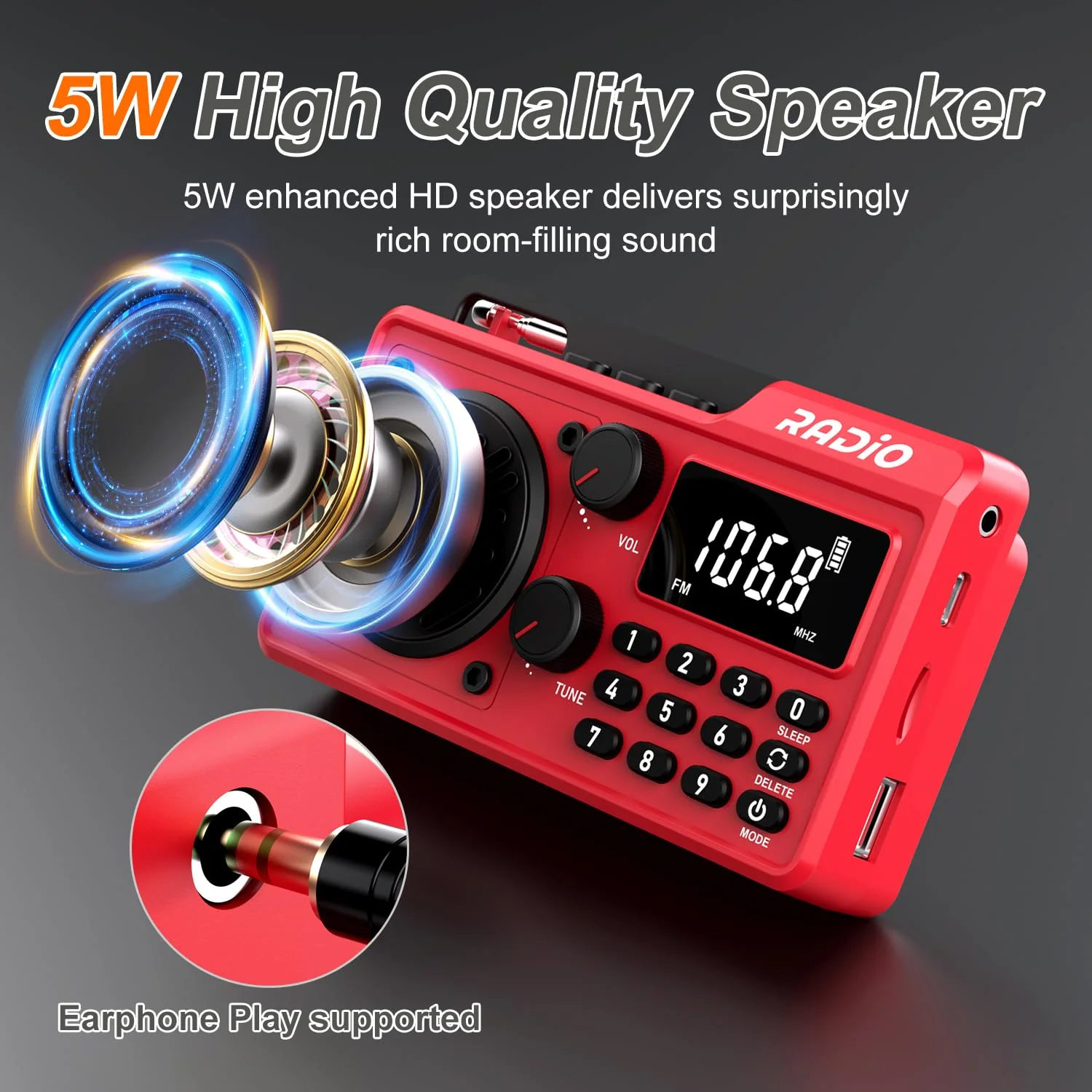 Portable Radio AM FM 1500mAh Rechargeable with Best Reception, Transistor shortwave Radio Wireless Bluetooth Speaker, with Large LCD Screen, Support TF Card U Disk, Earphone, Sleep Timer (Red) Red - Image 8