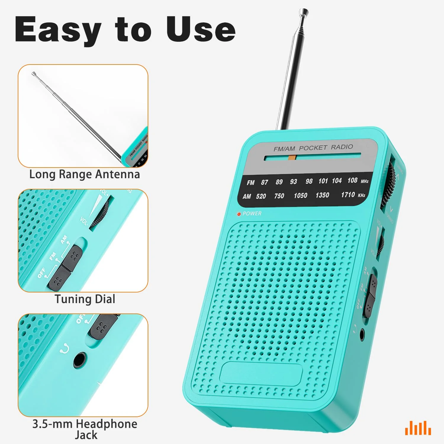 Portable Radio AM FM, Goodes Transistor Radio with Loud Speaker, Headphone Jack, 2AA Battery Operated Radio for Long Range Reception, Pocket Radio for Indoor, Outdoor and Emergency Use-Green New-Cyan - Image 3