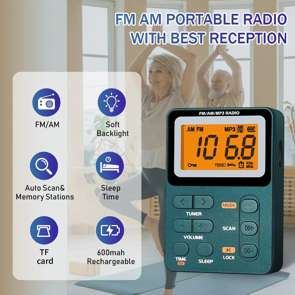 Portable Radio AM FM, Rechargeable Pocket Radio with Best Reception Digital Tuning, MP3, Stereo Earphone, Large LCD Screen, TF Card Socket, Transistorfor Radio for Jogging/Gym/Camping… - Image 2